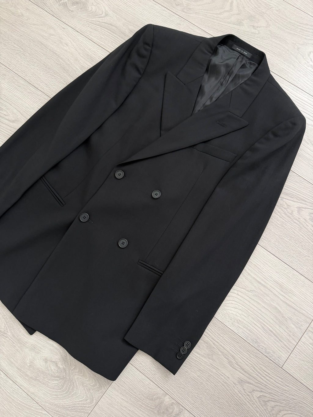 Emporio Armani 1980s Peaked Lapel Double Breasted Draped Wool Suit Black - Size M Jacket / 33"
