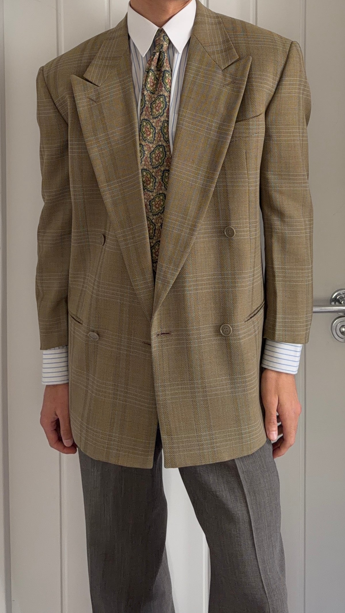 Emporio Armani 1990s Peaked Lapel Double Breasted Textured Wool Sport Jacket Blazer Taupe Green - Size M