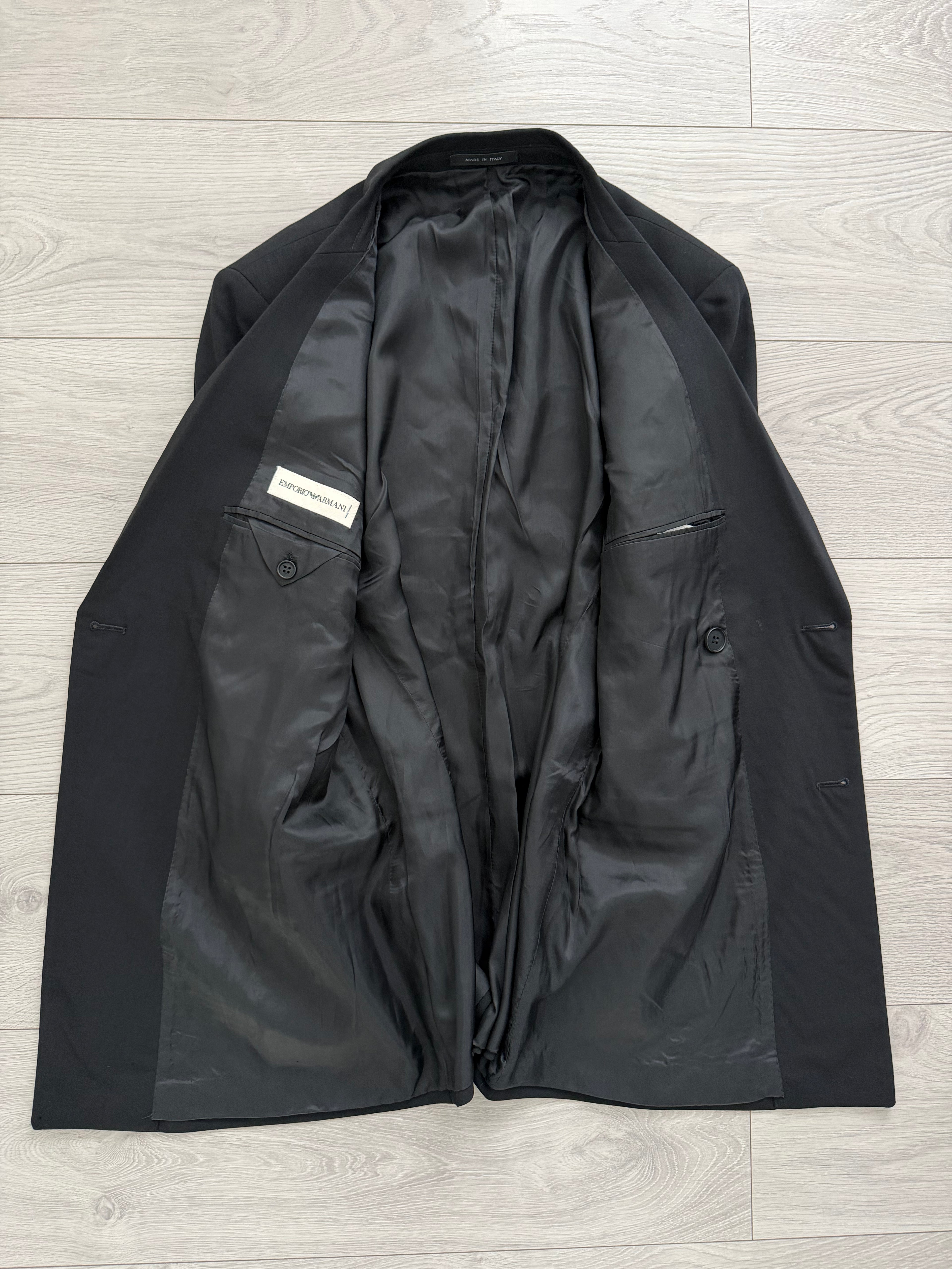 Emporio Armani 1980s Peaked Lapel Double Breasted Draped Wool Suit Black - Size M Jacket / 33"