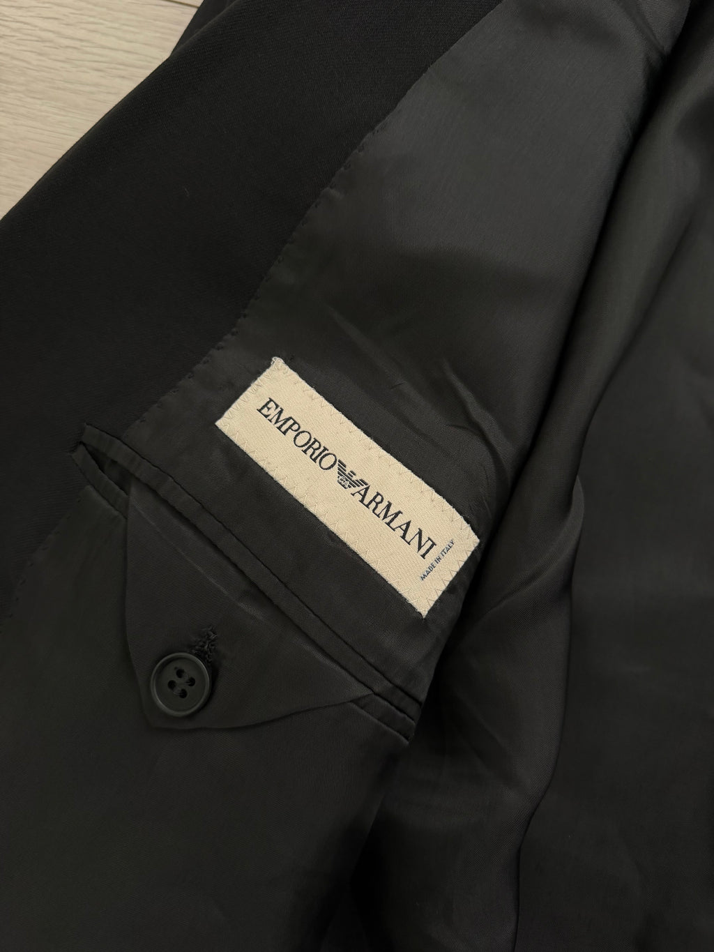 Emporio Armani 1980s Peaked Lapel Double Breasted Draped Wool Suit Black - Size M Jacket / 33"