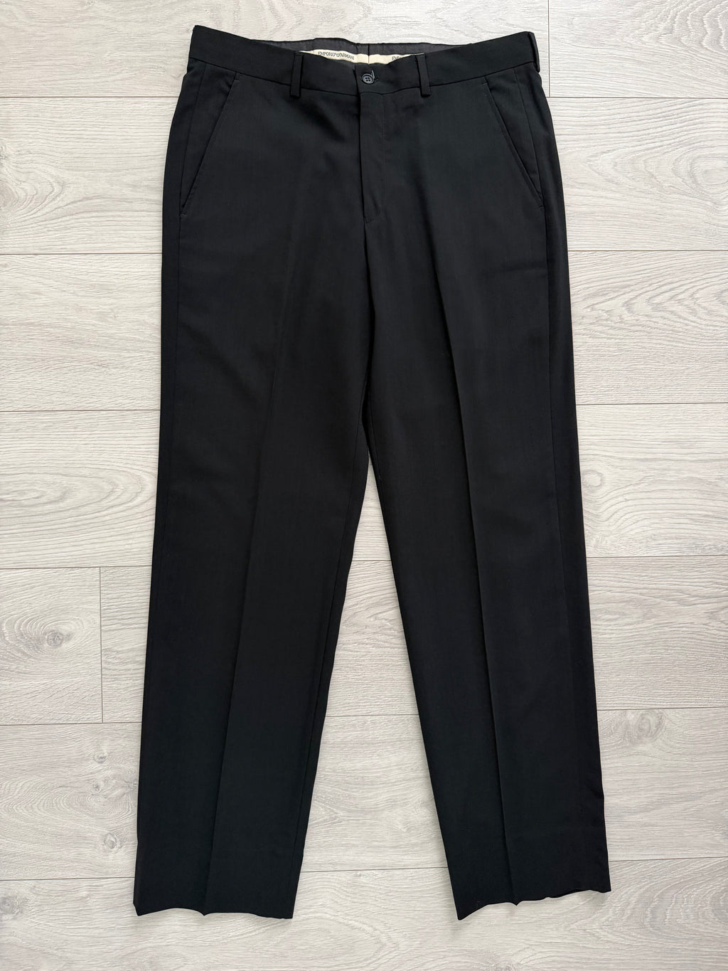 Emporio Armani 1980s Peaked Lapel Double Breasted Draped Wool Suit Black - Size M Jacket / 33"