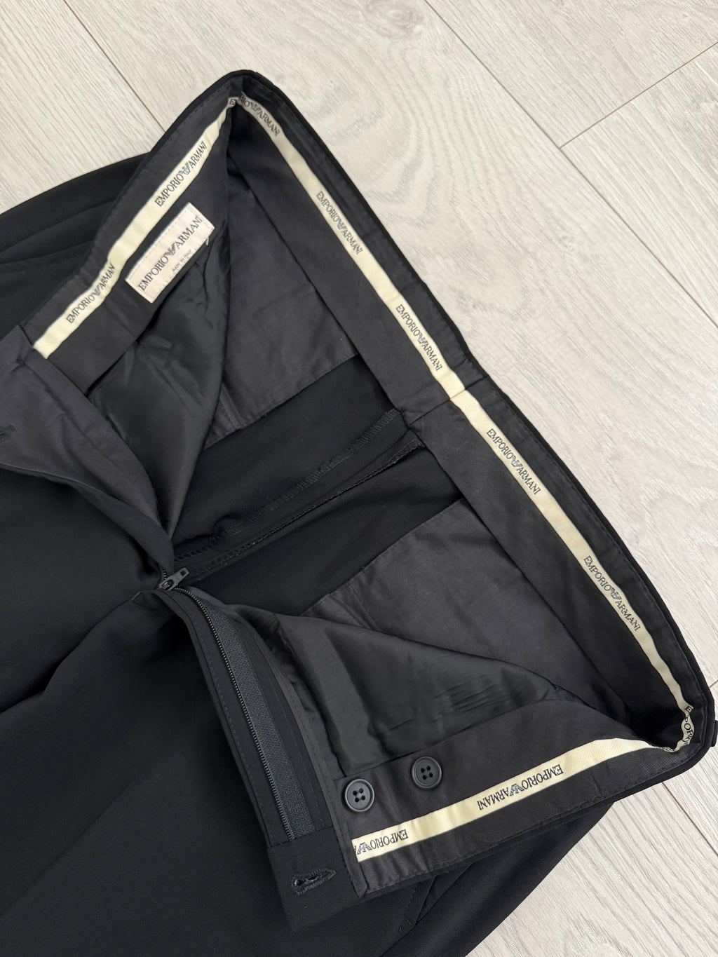 Emporio Armani 1980s Peaked Lapel Double Breasted Draped Wool Suit Black - Size M Jacket / 33"
