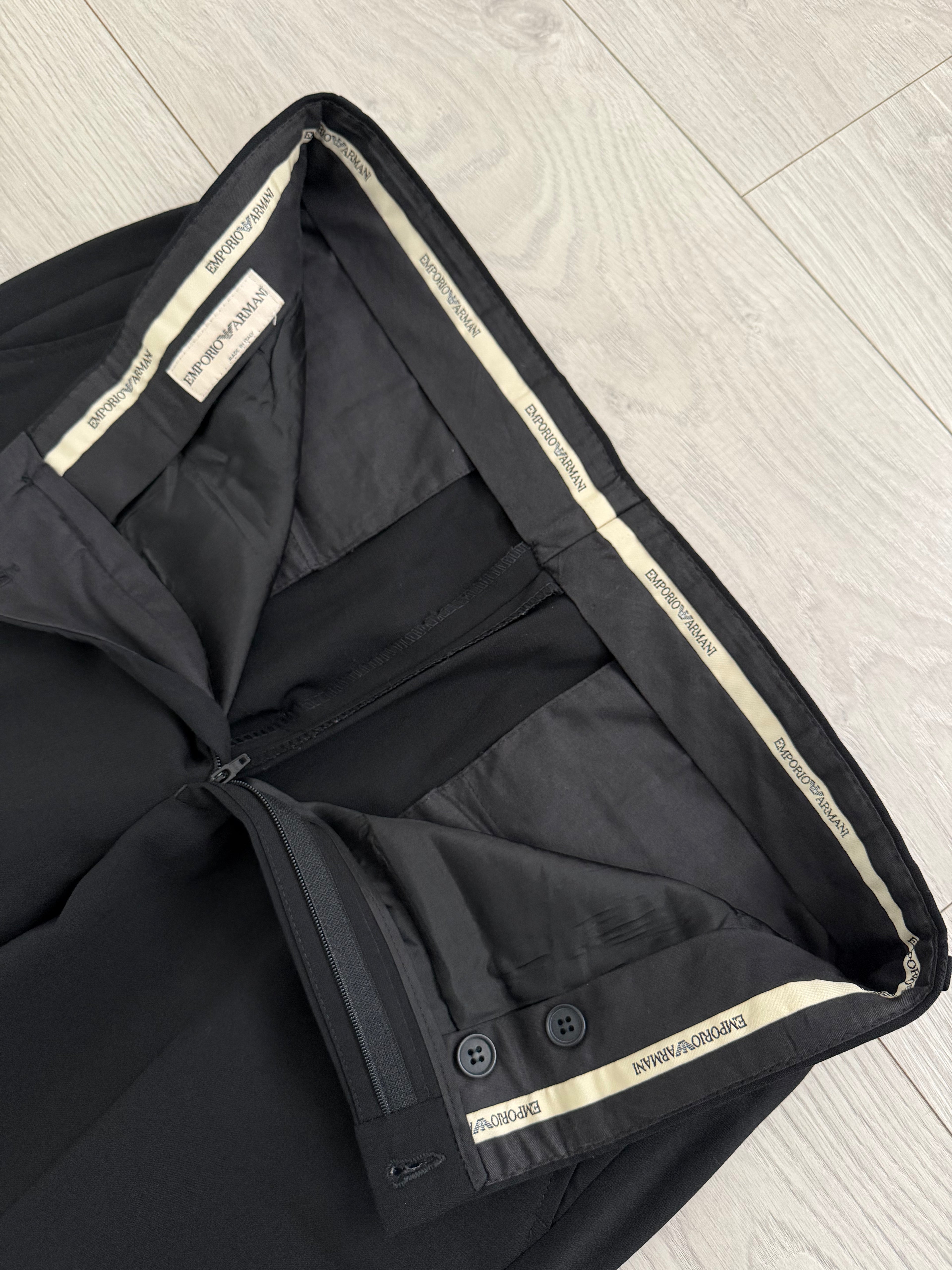 Emporio Armani 1980s Peaked Lapel Double Breasted Draped Wool Suit Black - Size M Jacket / 33"