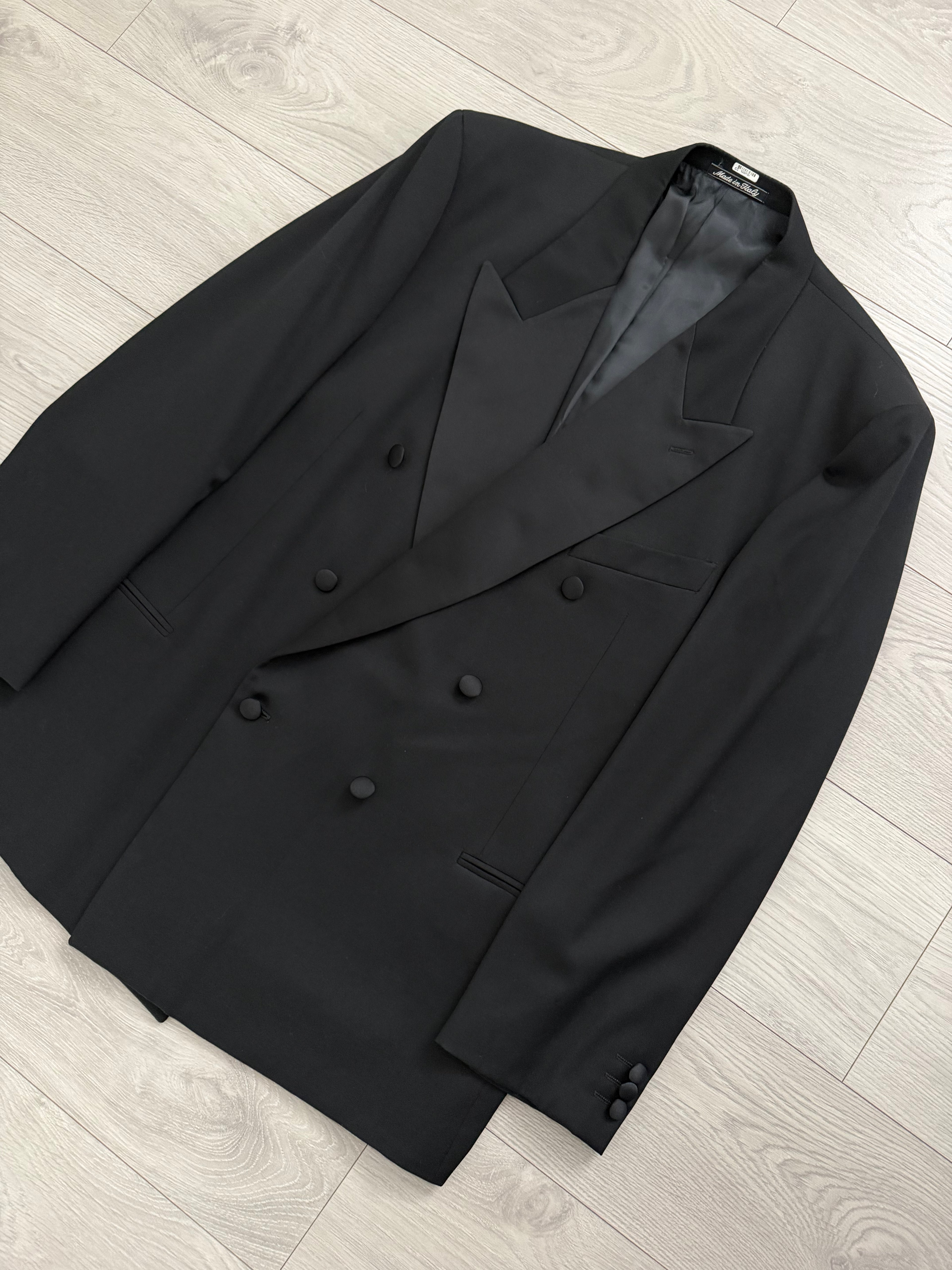 Armani Mani 1980s Tuxedo Peaked Lapel Double Breasted Jacket & Hugo Boss 1980s Pleated Tuxedo Pants - Size XXL Jacket / 38"