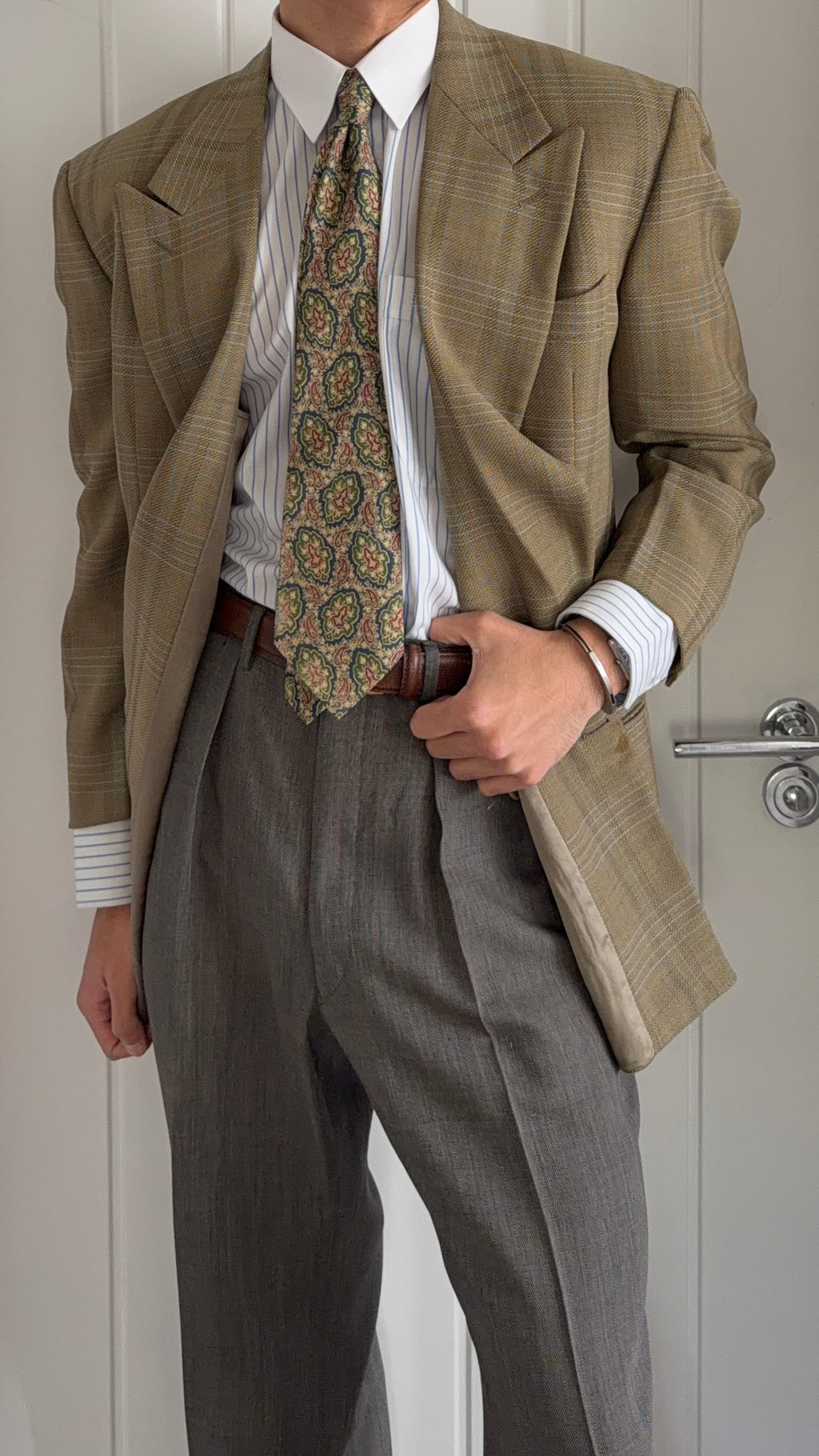 Emporio Armani 1990s Peaked Lapel Double Breasted Textured Wool Sport Jacket Blazer Taupe Green - Size M