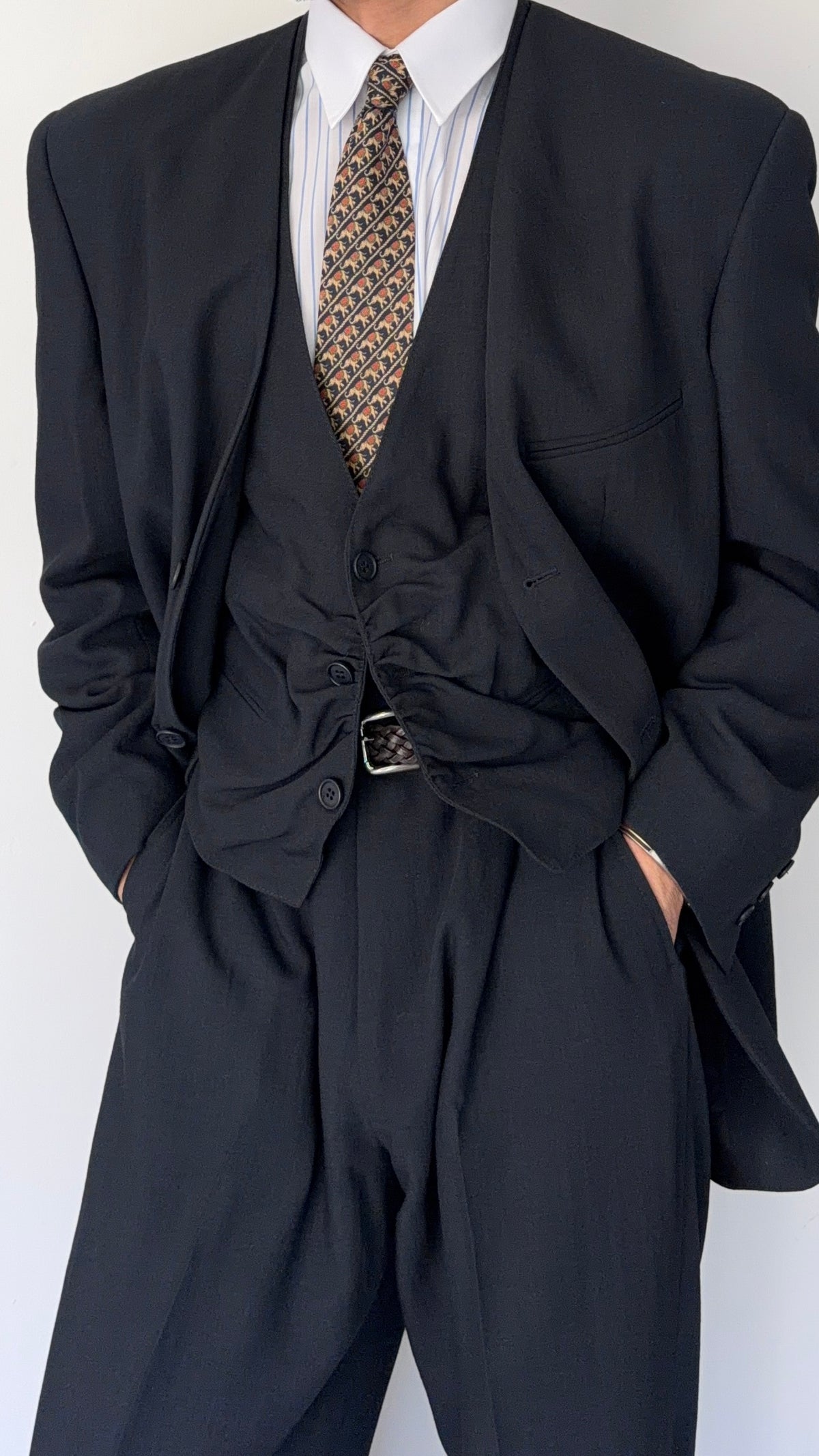 Emporio Armani 1990s Collarless 3-Piece Draped Wool Relaxed Suit - Size XL Jacket / 34" Waist