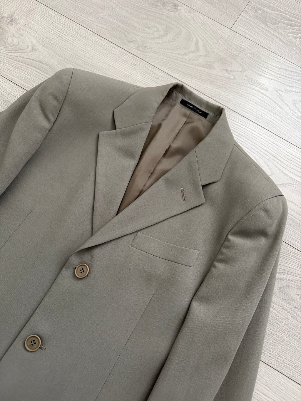 Emporio Armani 1990s 3B Draped Pleated Wool Suit Taupe Sage - Size S Jacket / 28" Waist