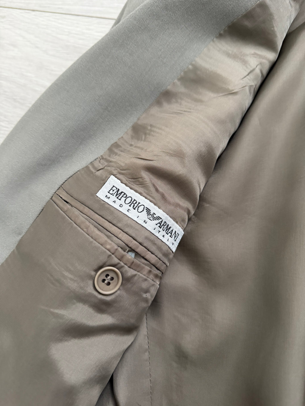 Emporio Armani 1990s 3B Draped Pleated Wool Suit Taupe Sage - Size S Jacket / 28" Waist