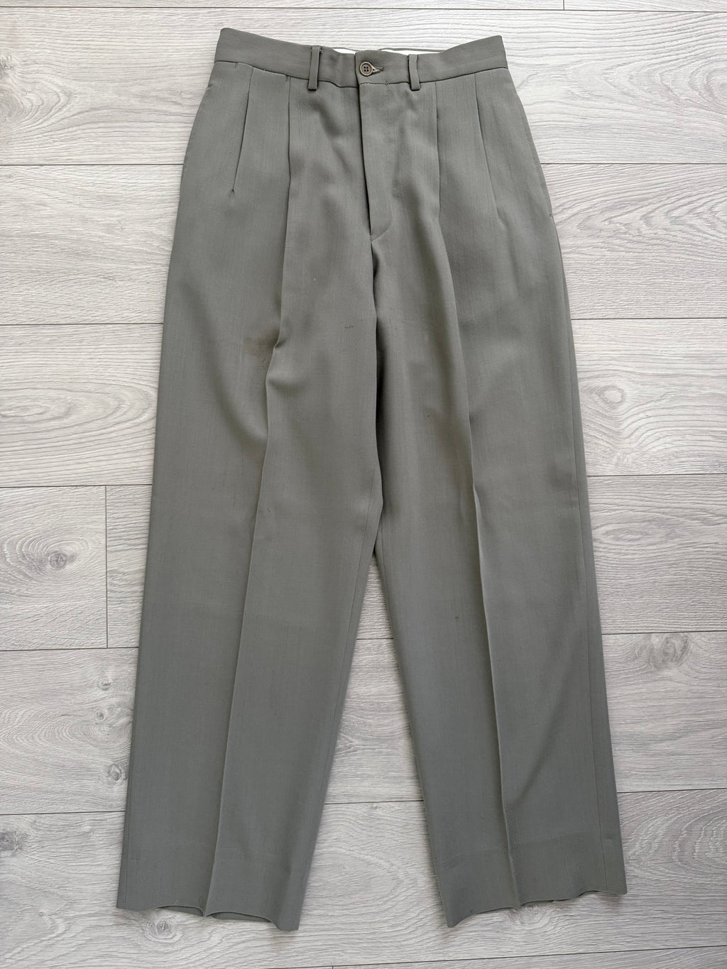 Emporio Armani 1990s 3B Draped Pleated Wool Suit Taupe Sage - Size S Jacket / 28" Waist