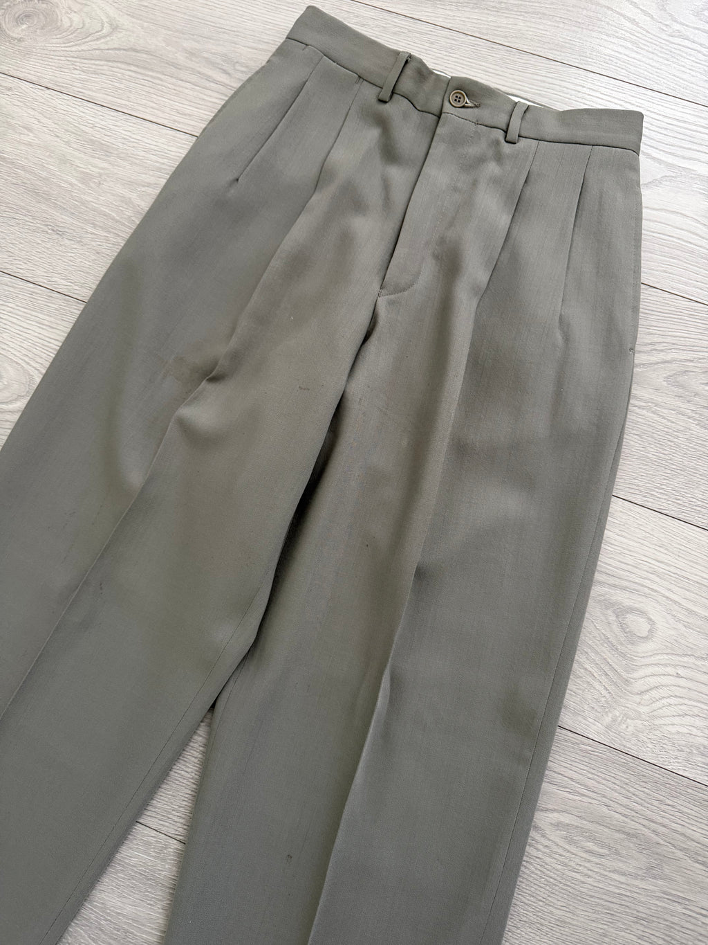 Emporio Armani 1990s 3B Draped Pleated Wool Suit Taupe Sage - Size S Jacket / 28" Waist