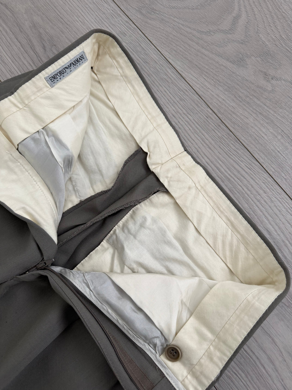 Emporio Armani 1990s 3B Draped Pleated Wool Suit Taupe Sage - Size S Jacket / 28" Waist