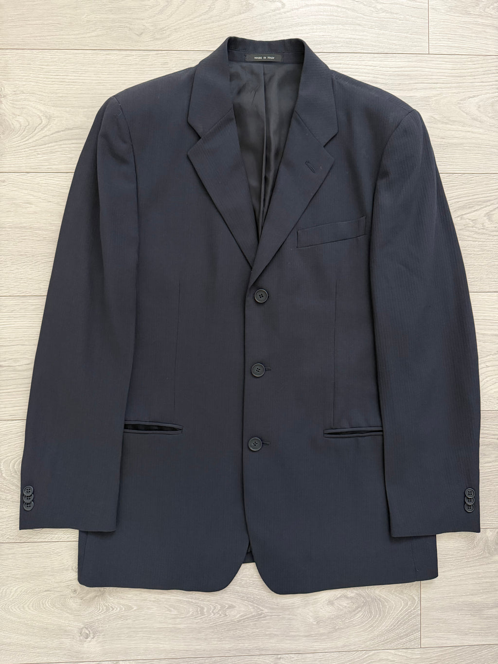 Emporio Armani 1990s 3B Ribbed Weave Draped Pleated Wool Suit Navy - Size L Jacket / 34" Waist
