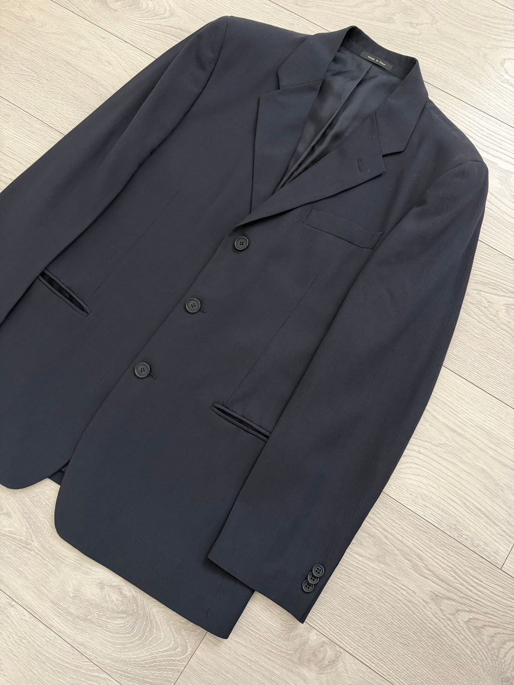 Emporio Armani 1990s 3B Ribbed Weave Draped Pleated Wool Suit Navy - Size L Jacket / 34" Waist