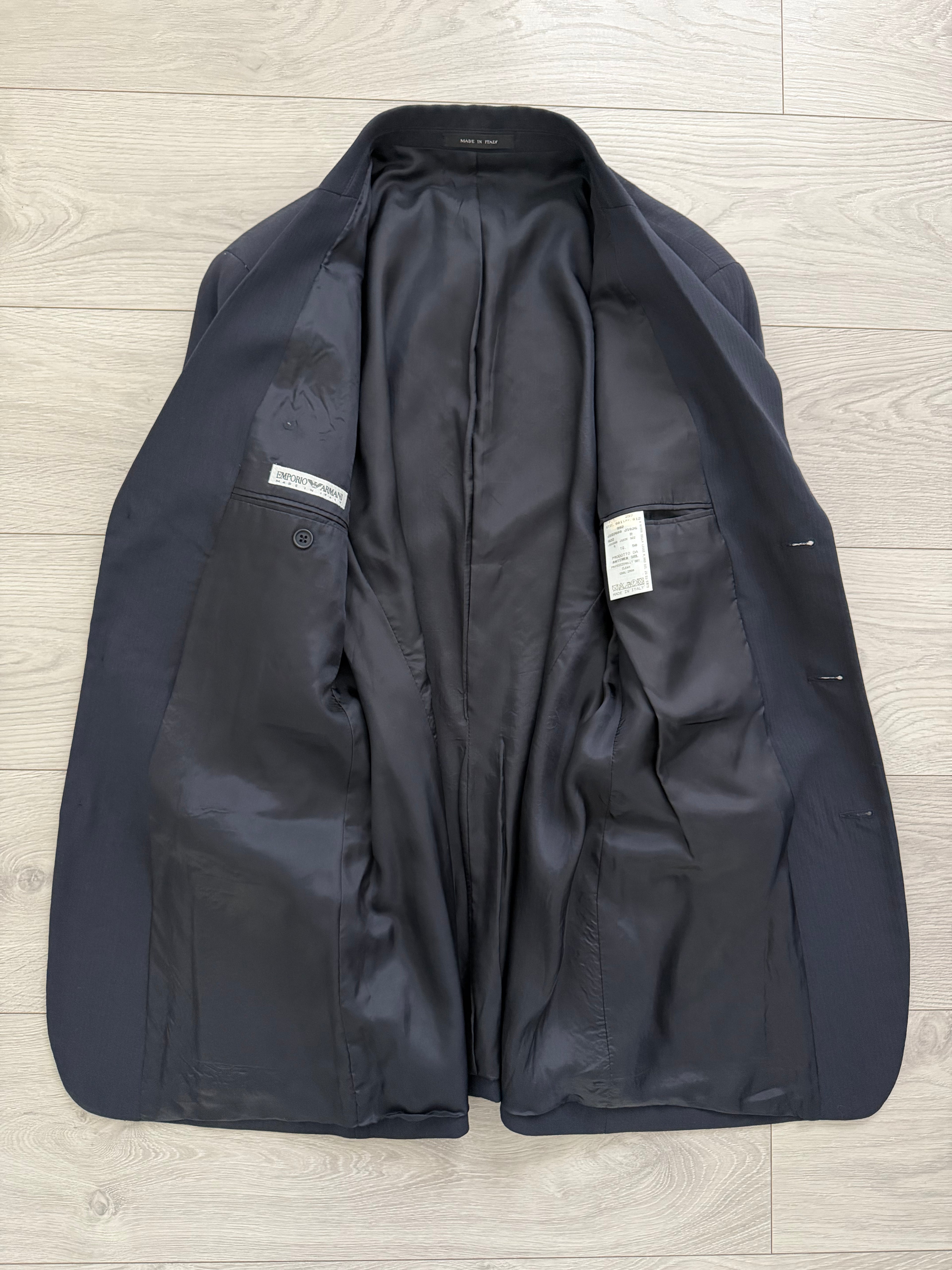 Emporio Armani 1990s 3B Ribbed Weave Draped Pleated Wool Suit Navy - Size L Jacket / 34" Waist