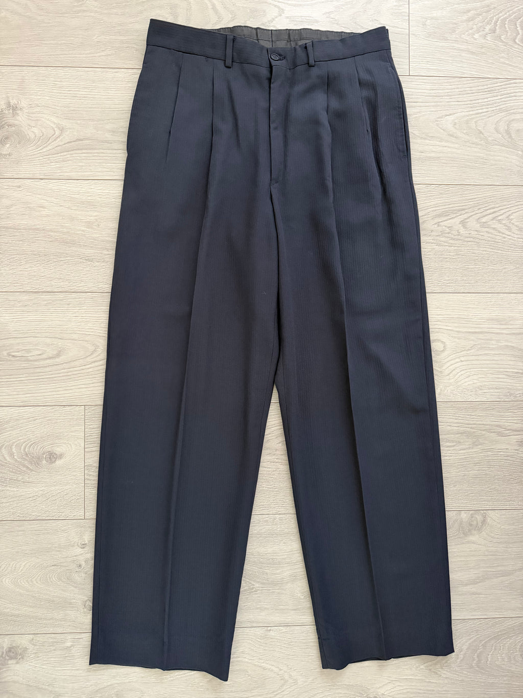 Emporio Armani 1990s 3B Ribbed Weave Draped Pleated Wool Suit Navy - Size L Jacket / 34" Waist