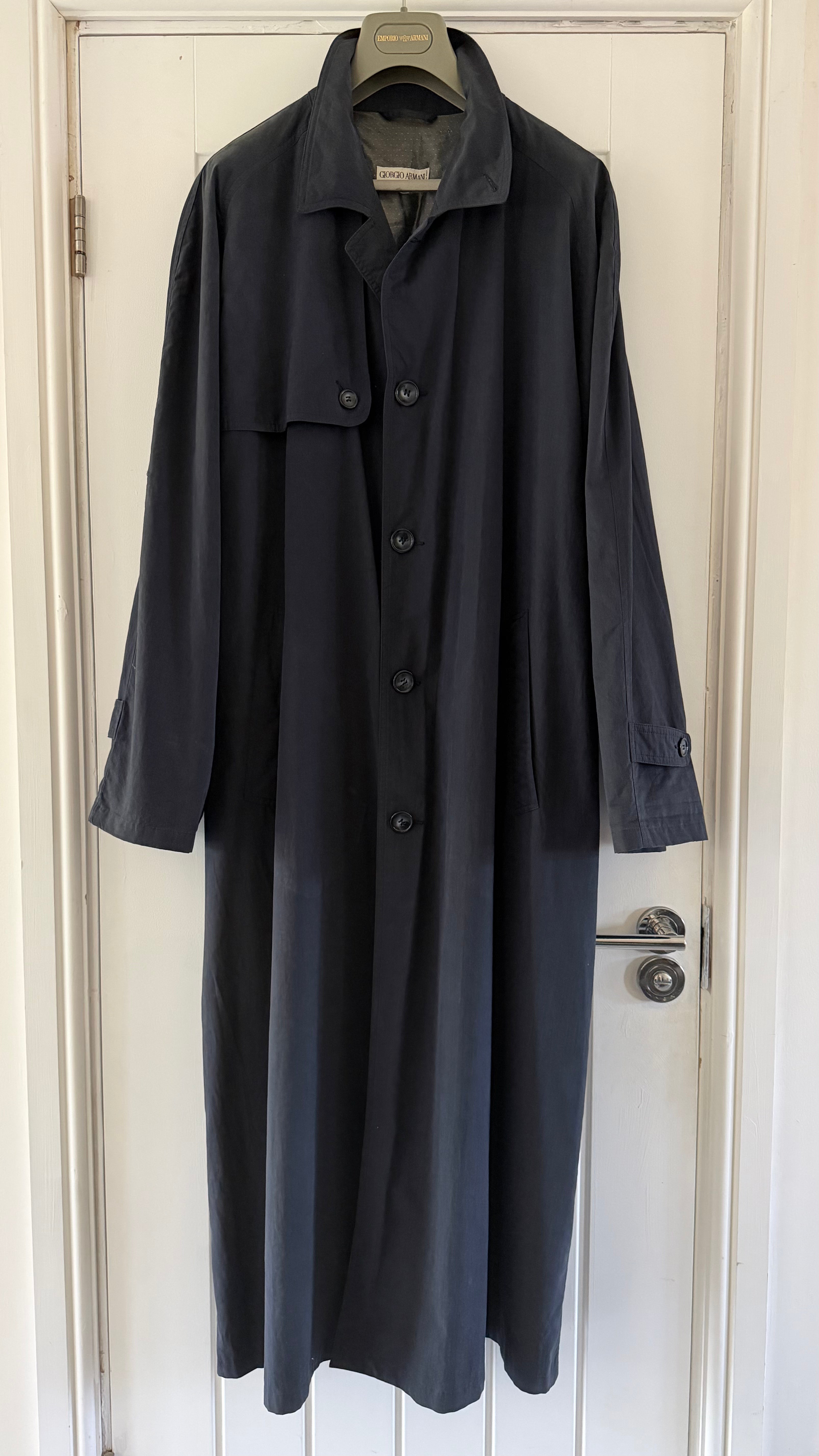 Giorgio Armani 1980s Oversized Cotton Nylon Long Trench Coat Navy Blue - Size XL