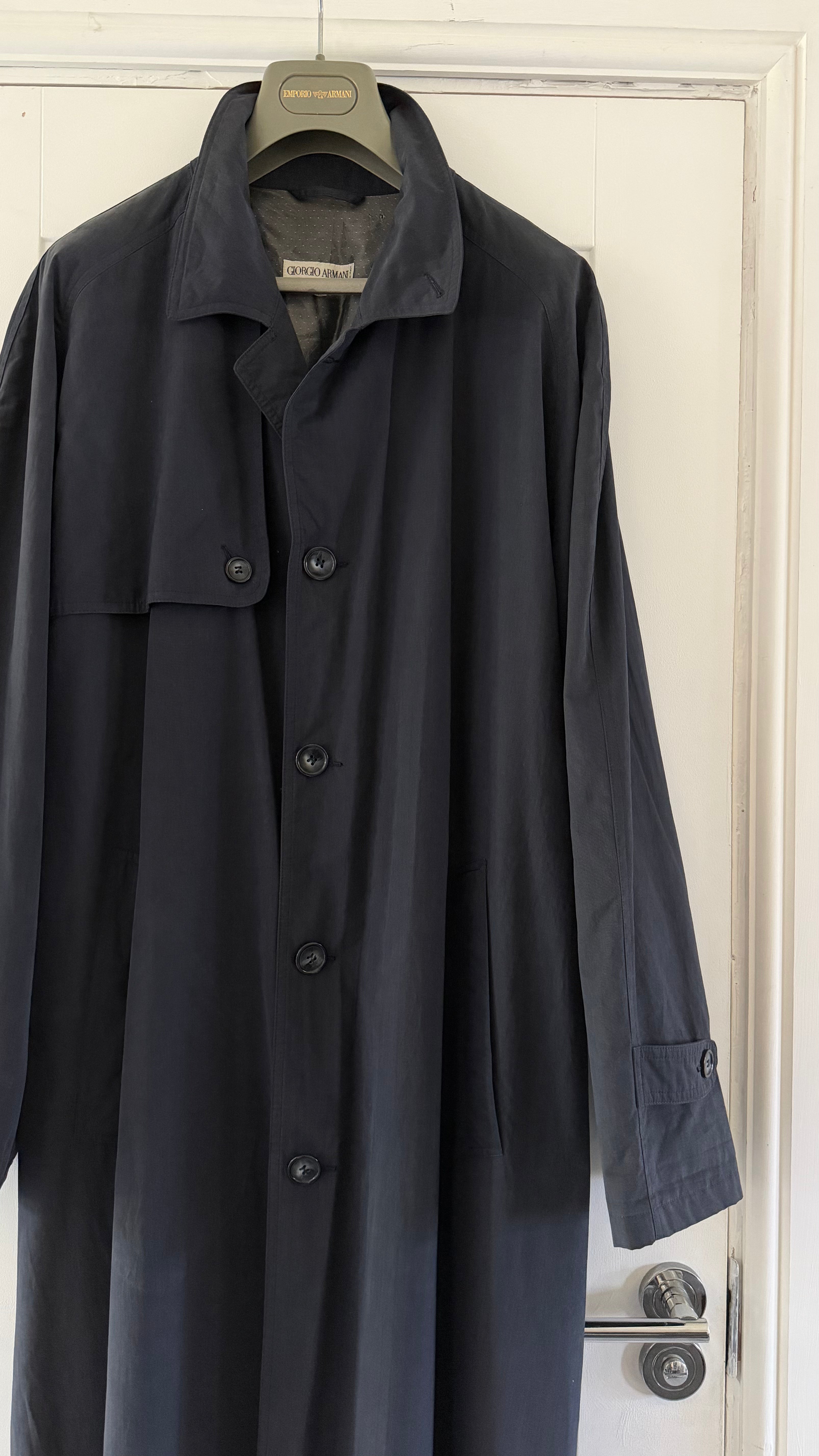 Giorgio Armani 1980s Oversized Cotton Nylon Long Trench Coat Navy Blue - Size XL