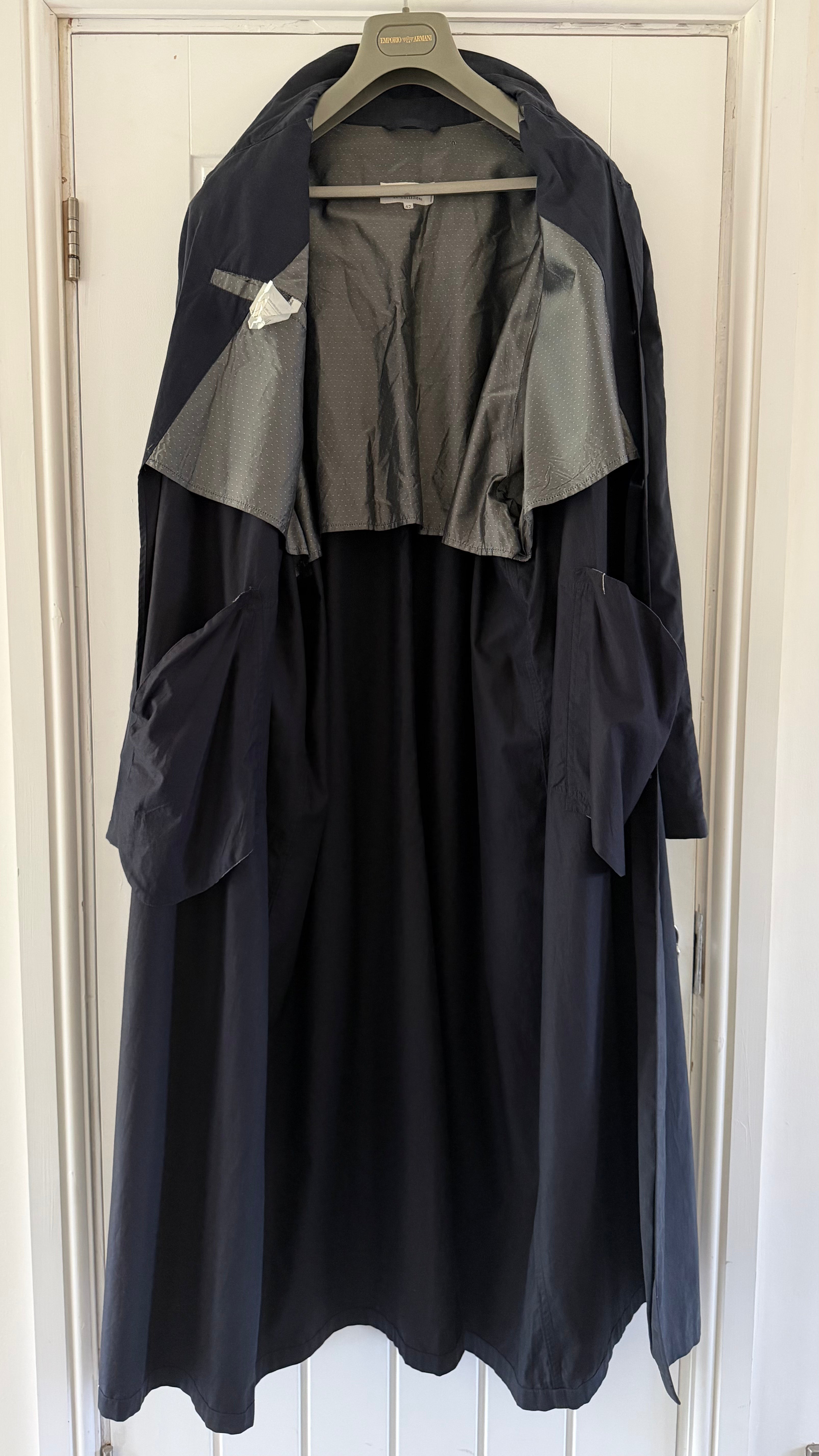 Giorgio Armani 1980s Oversized Cotton Nylon Long Trench Coat Navy Blue - Size XL