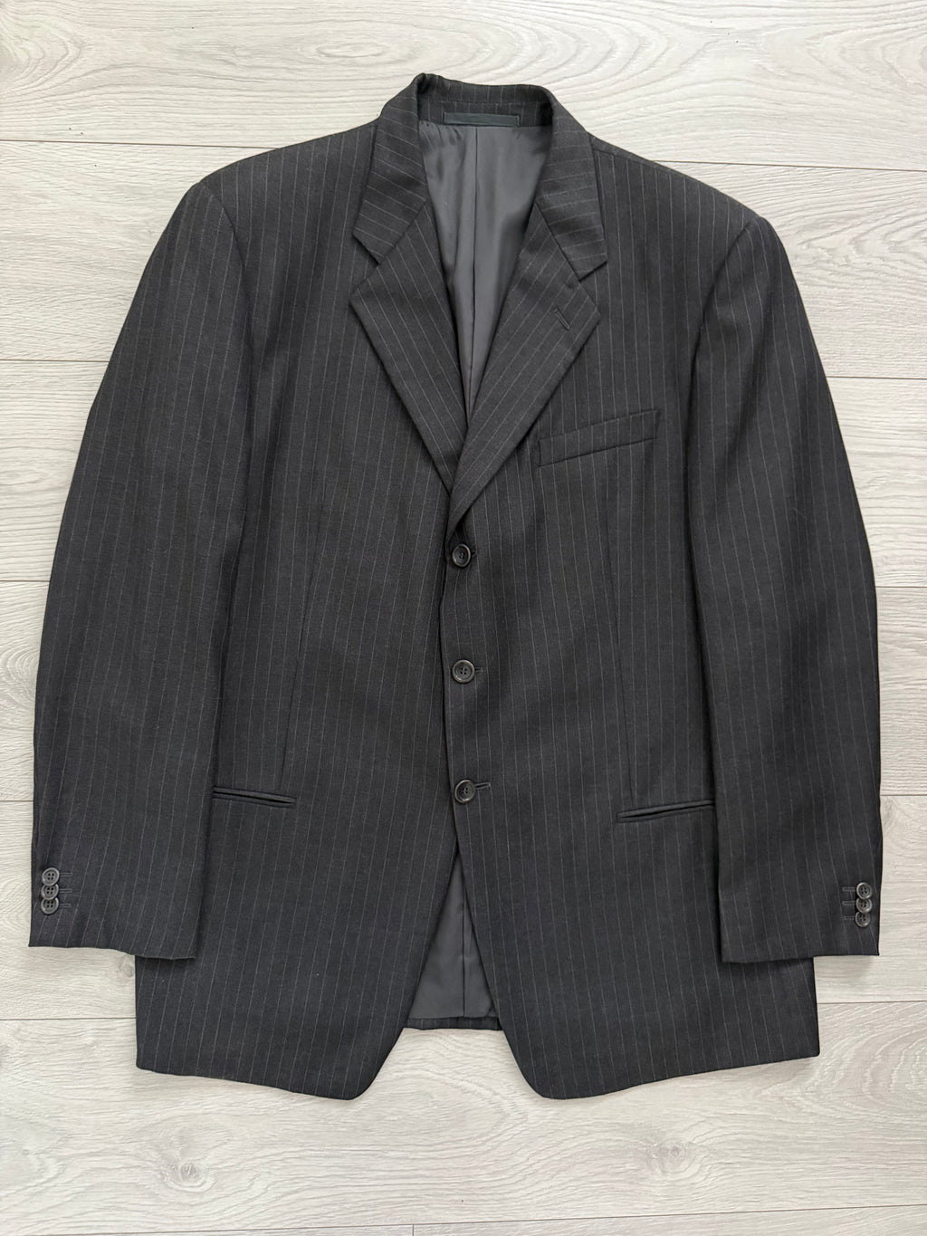 Armani 1990s 3B Pinstriped Wool Suit Charcoal Grey - Size XXL Jacket / 40" Waist