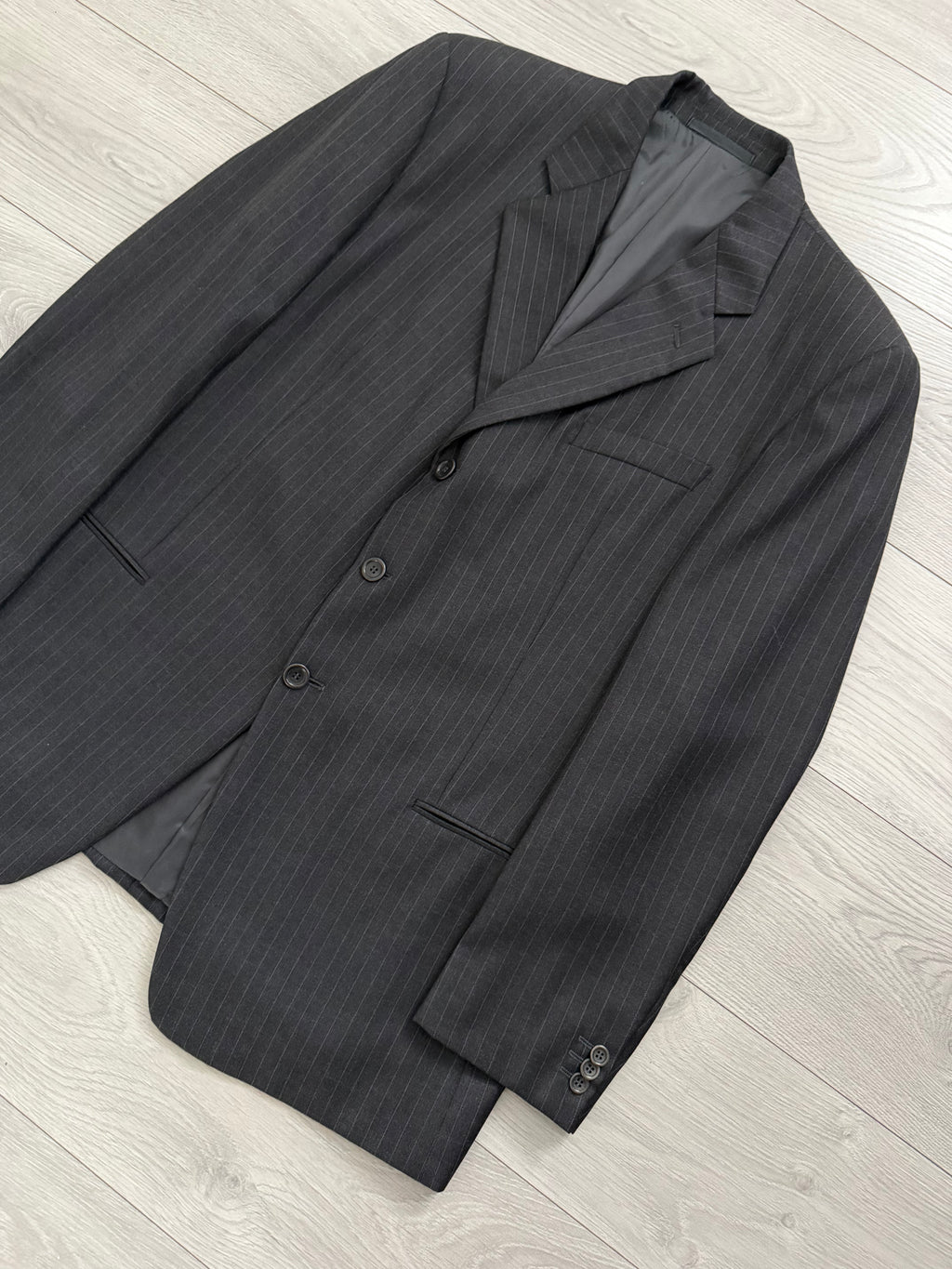 Armani 1990s 3B Pinstriped Wool Suit Charcoal Grey - Size XXL Jacket / 40" Waist