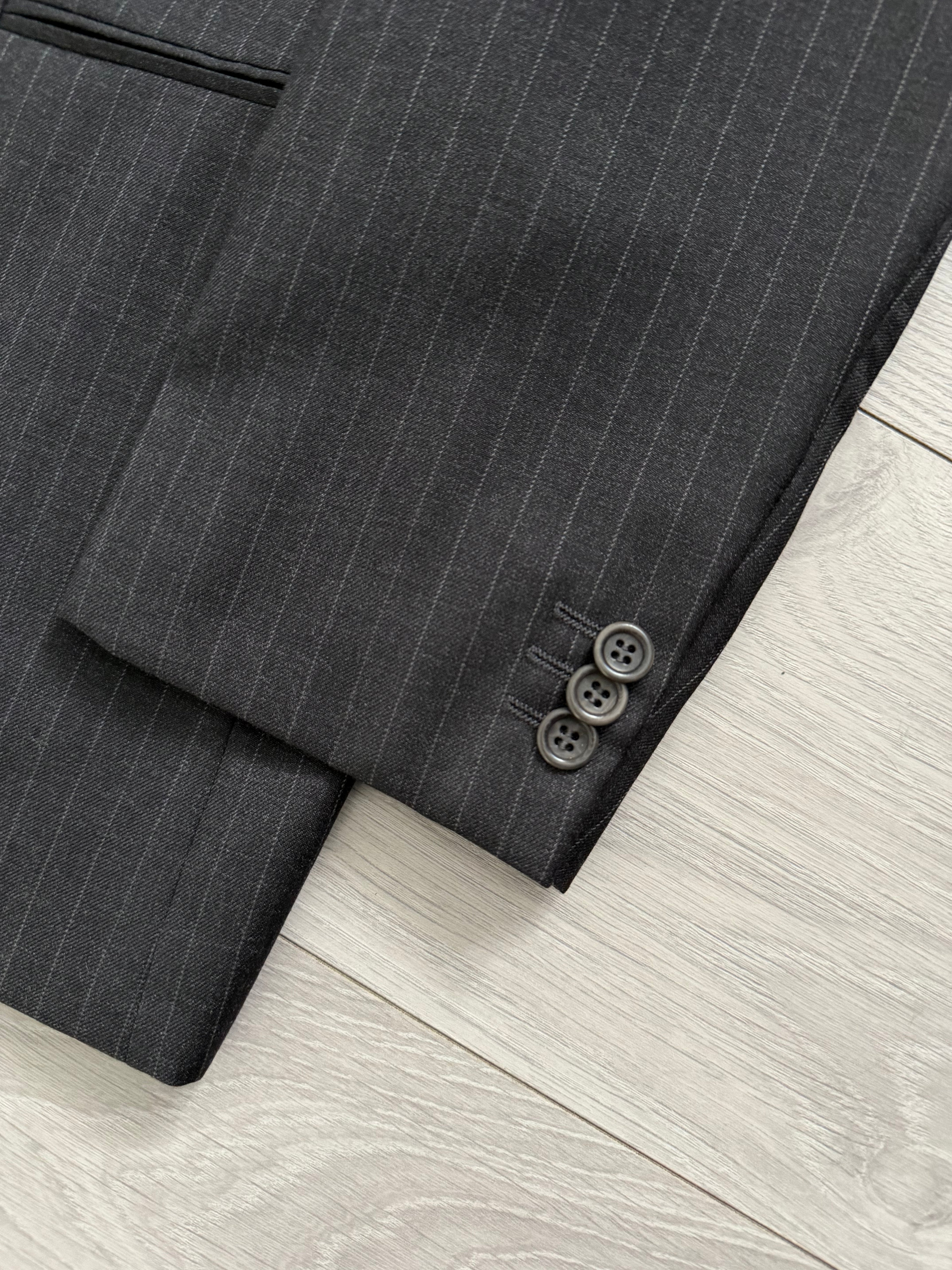Armani 1990s 3B Pinstriped Wool Suit Charcoal Grey - Size XXL Jacket / 40" Waist