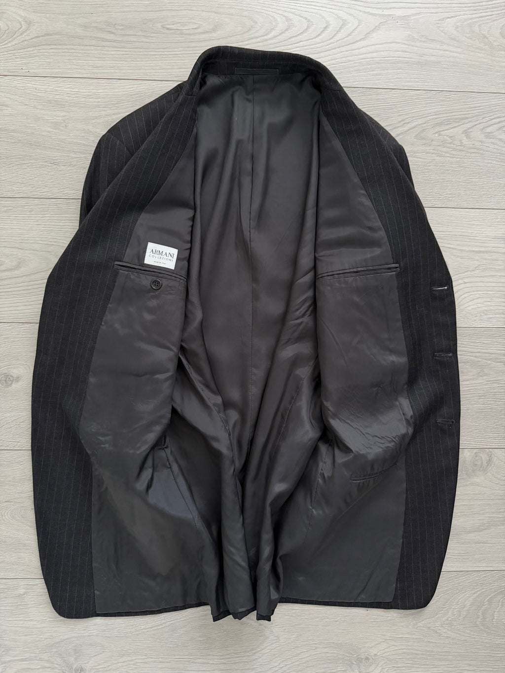Armani 1990s 3B Pinstriped Wool Suit Charcoal Grey - Size XXL Jacket / 40" Waist