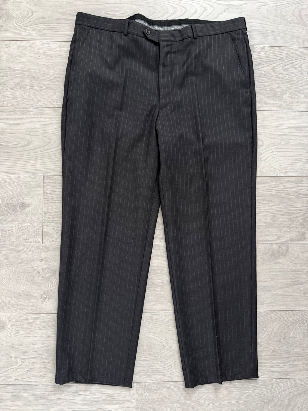 Armani 1990s 3B Pinstriped Wool Suit Charcoal Grey - Size XXL Jacket / 40" Waist