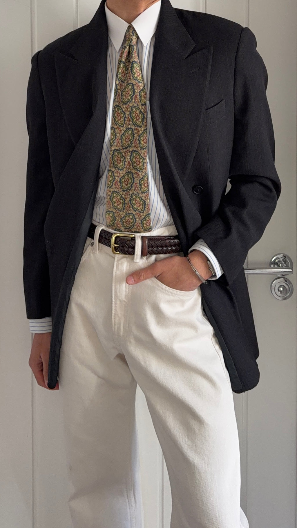 Giorgio Armani 1980s Peaked Lapel Double Breasted Textured Chevron Weave Wool Sport Jacket Blazer - Size M