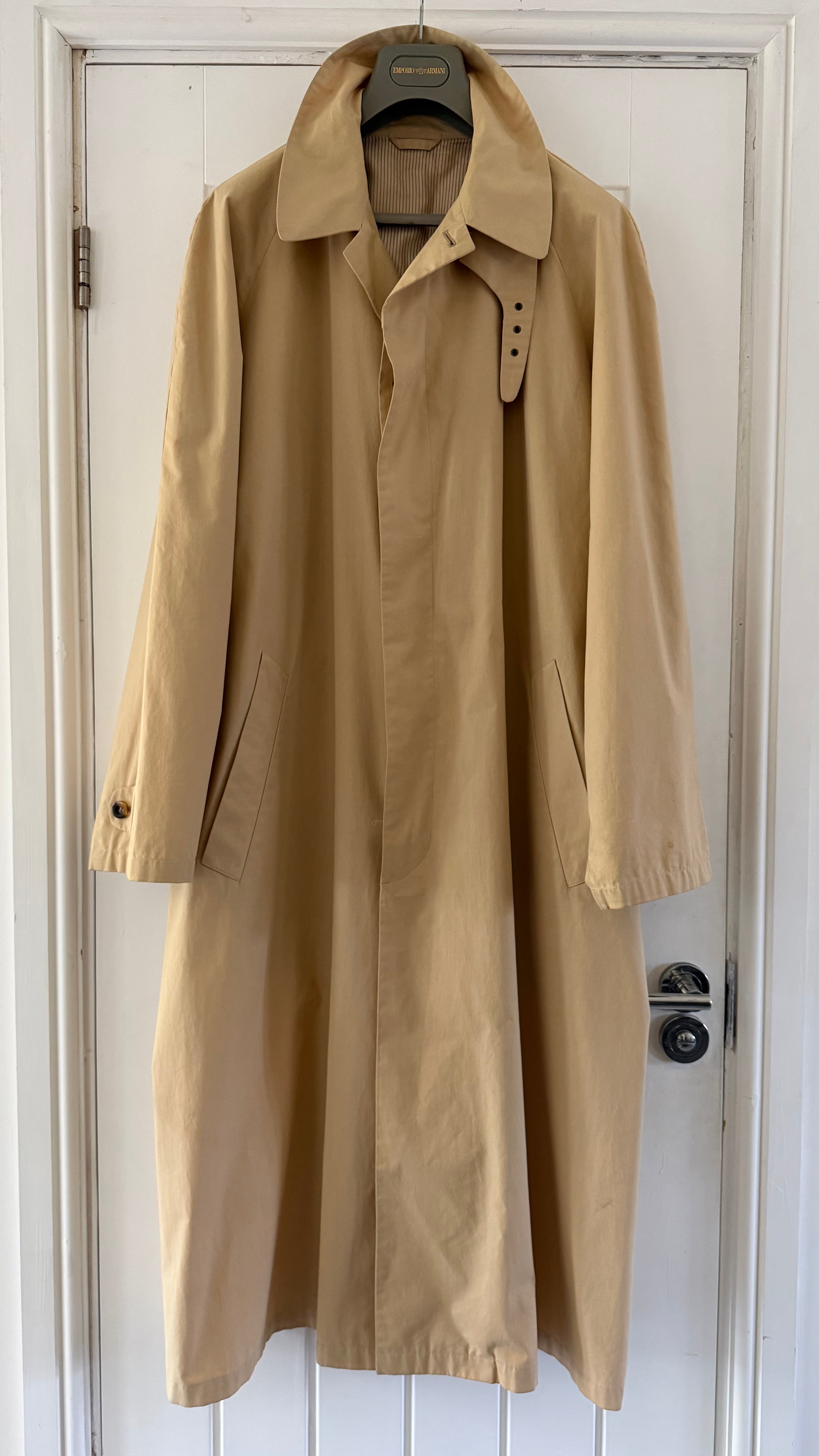 Giorgio Armani Black Label 1990s Long Cotton Belted Trench Coat Taupe Beige - Size L