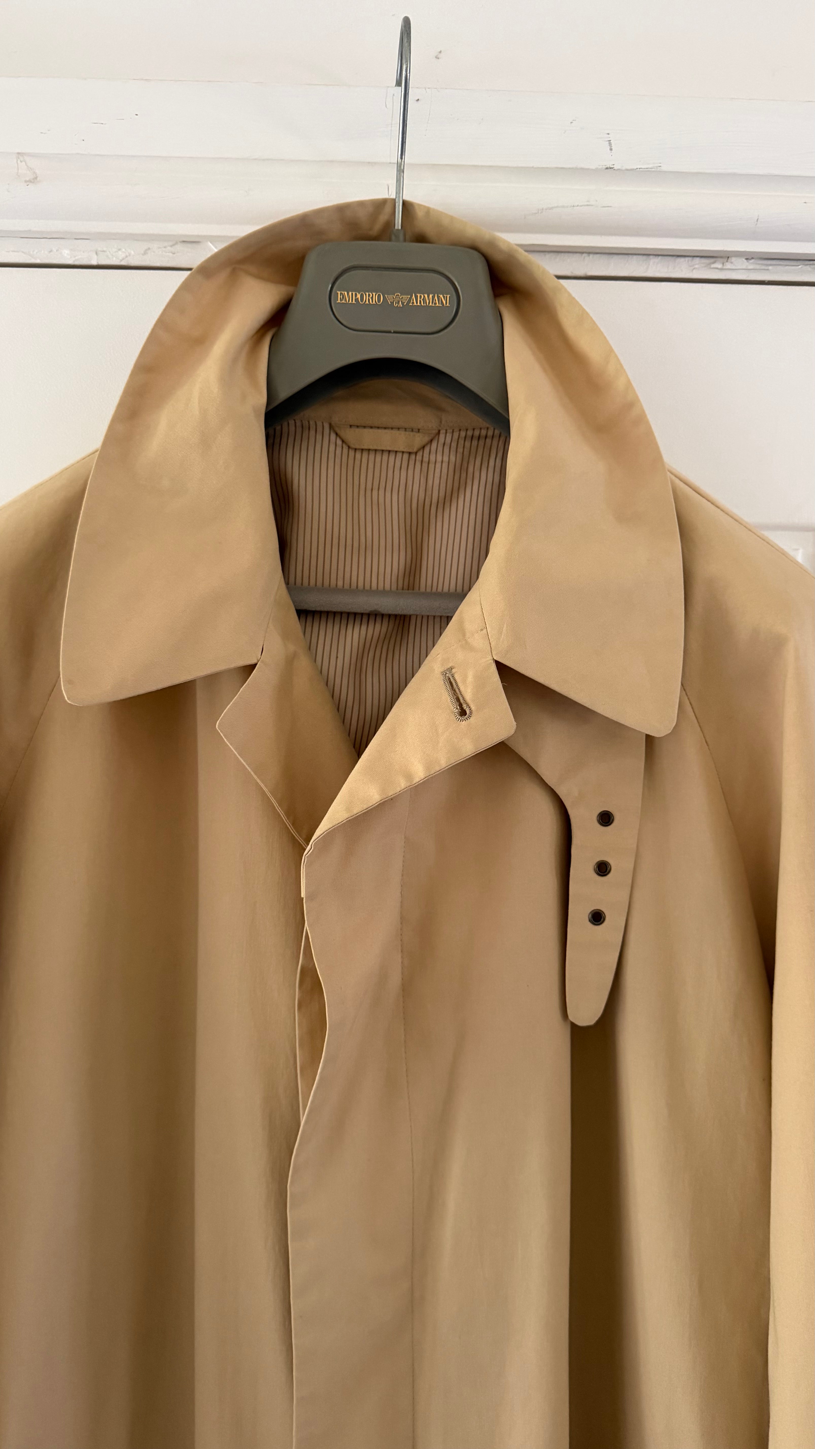 Giorgio Armani Black Label 1990s Long Cotton Belted Trench Coat Taupe Beige - Size L