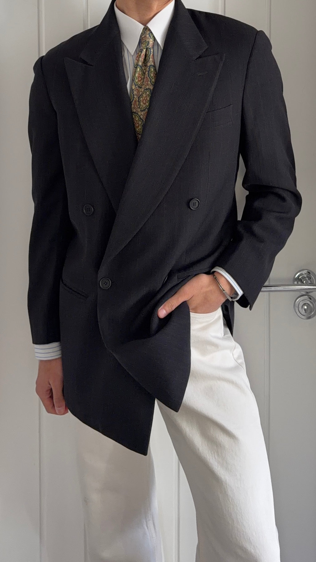 Giorgio Armani 1980s Peaked Lapel Double Breasted Textured Chevron Weave Wool Sport Jacket Blazer - Size M