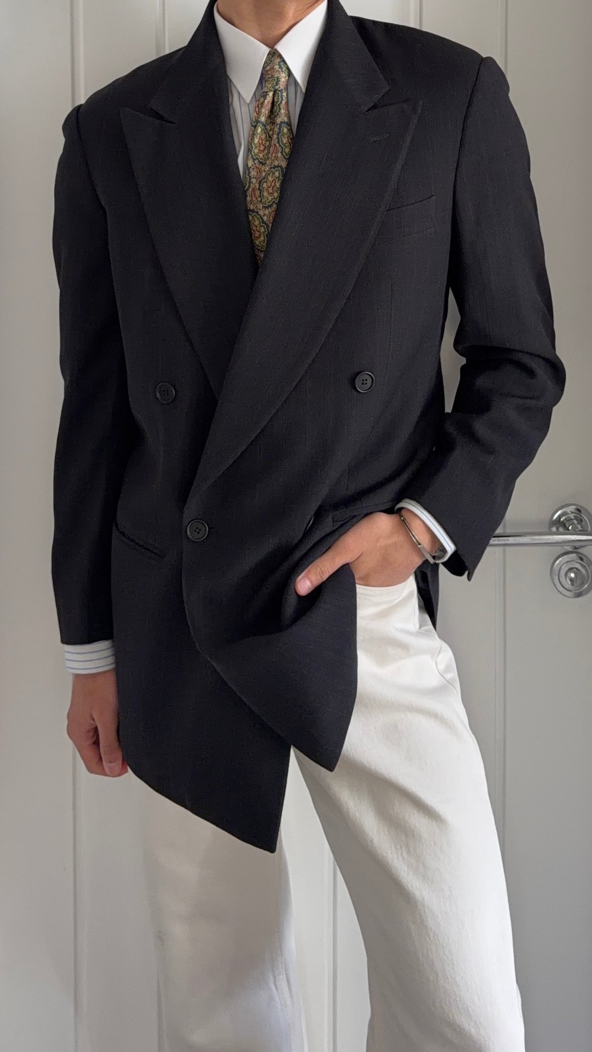 Giorgio Armani 1980s Peaked Lapel Double Breasted Textured Chevron Weave Wool Sport Jacket Blazer - Size M