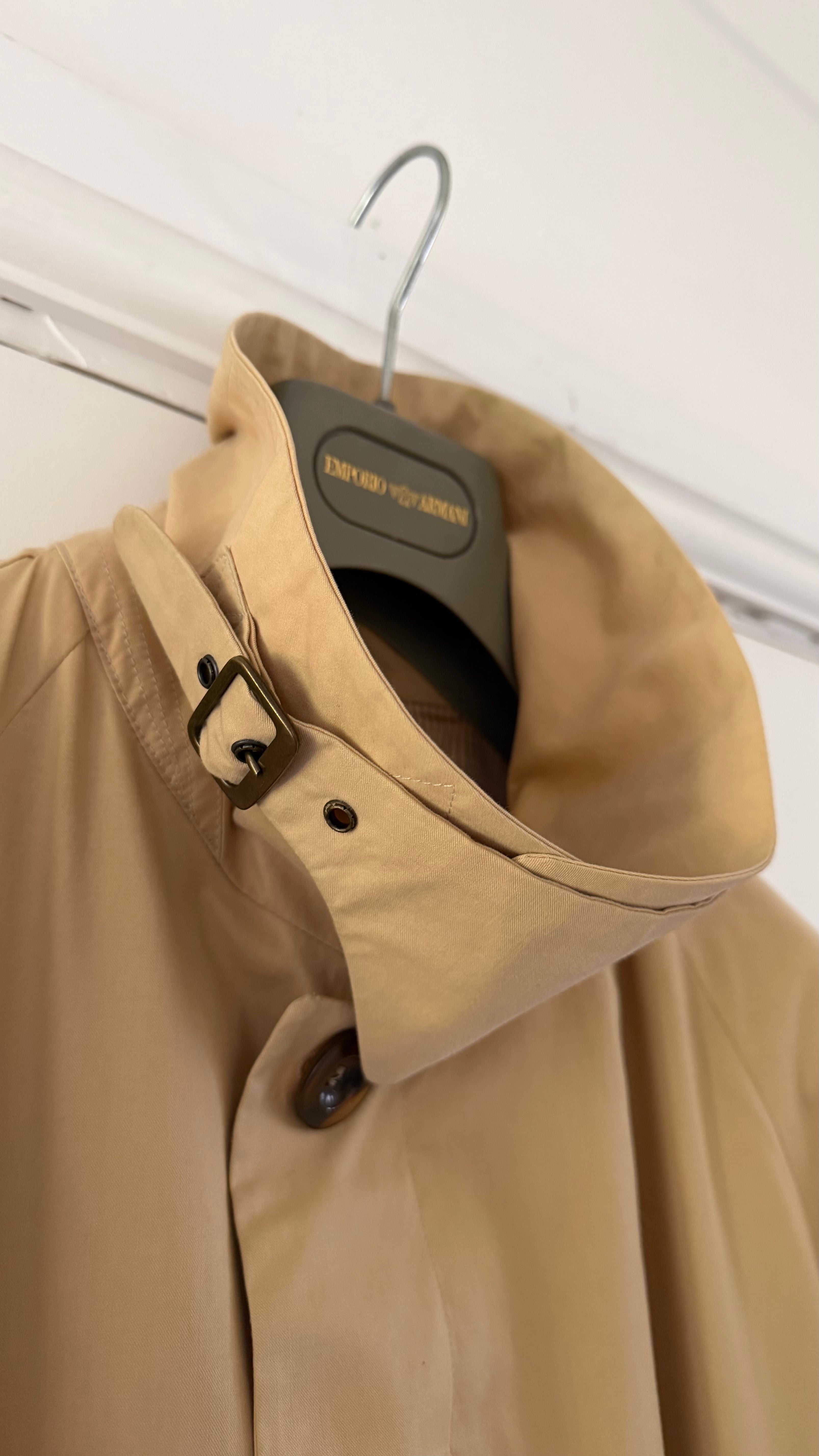 Giorgio Armani Black Label 1990s Long Cotton Belted Trench Coat Taupe Beige - Size L