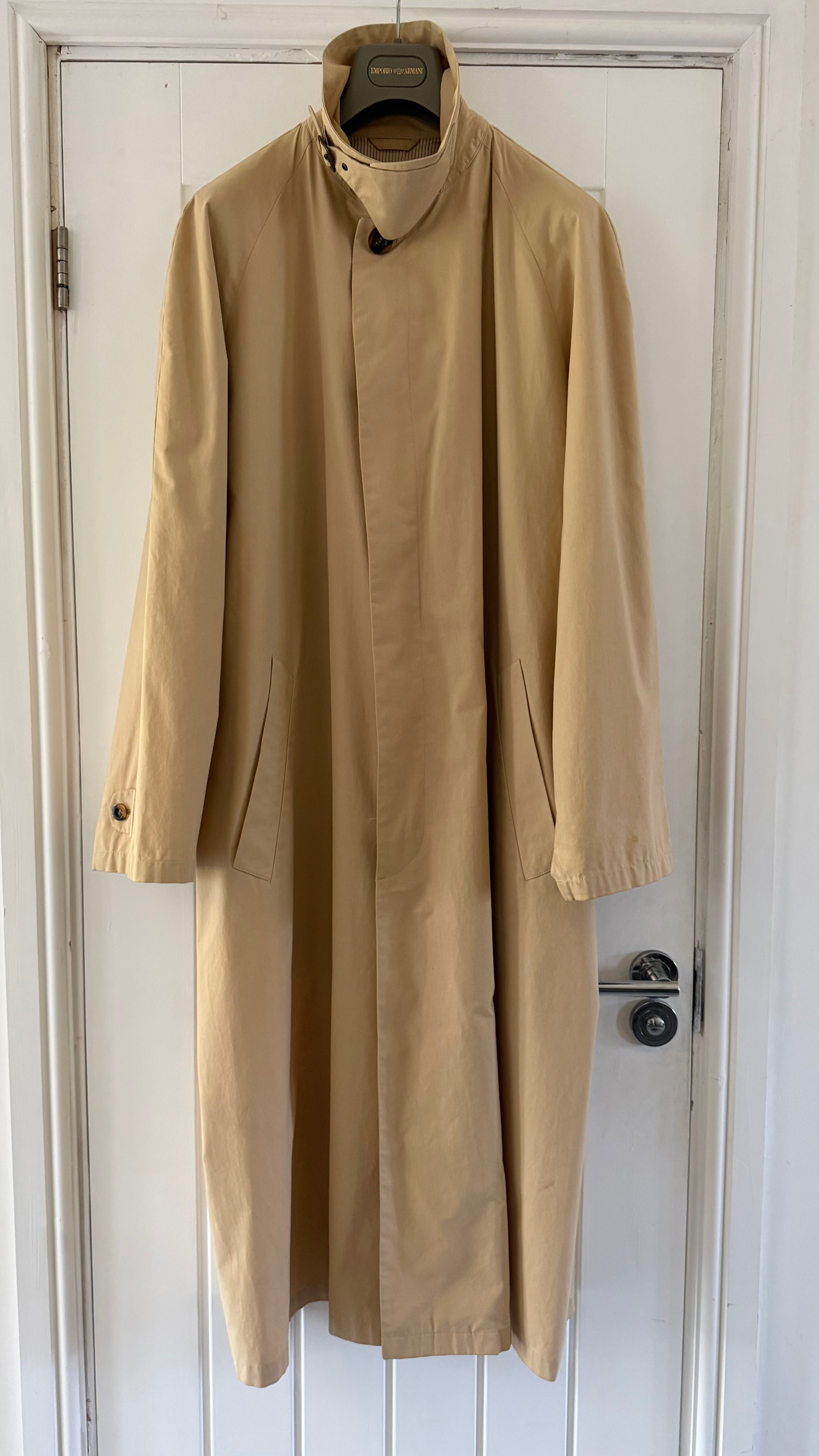 Giorgio Armani Black Label 1990s Long Cotton Belted Trench Coat Taupe Beige - Size L
