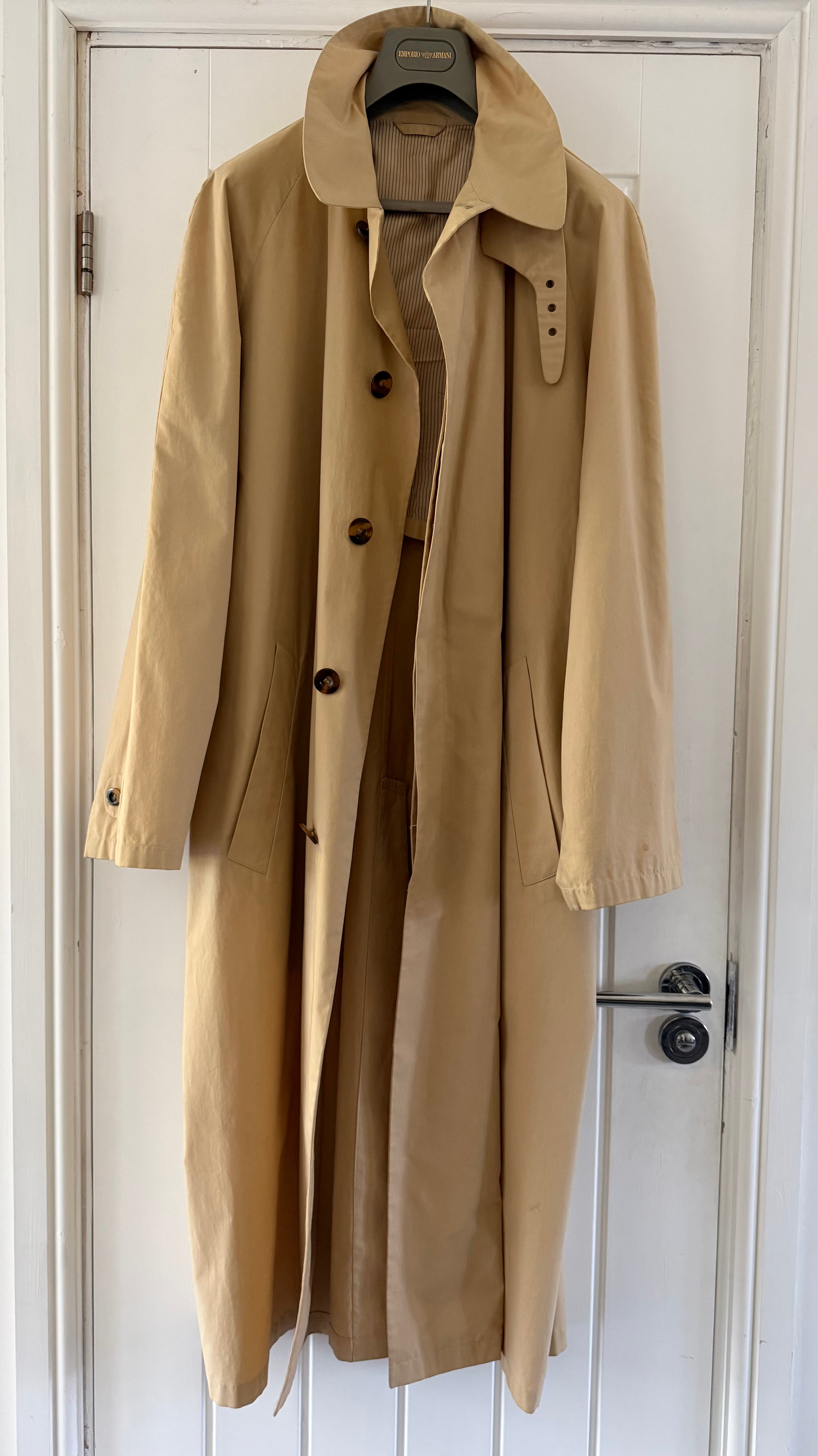 Giorgio Armani Black Label 1990s Long Cotton Belted Trench Coat Taupe Beige - Size L
