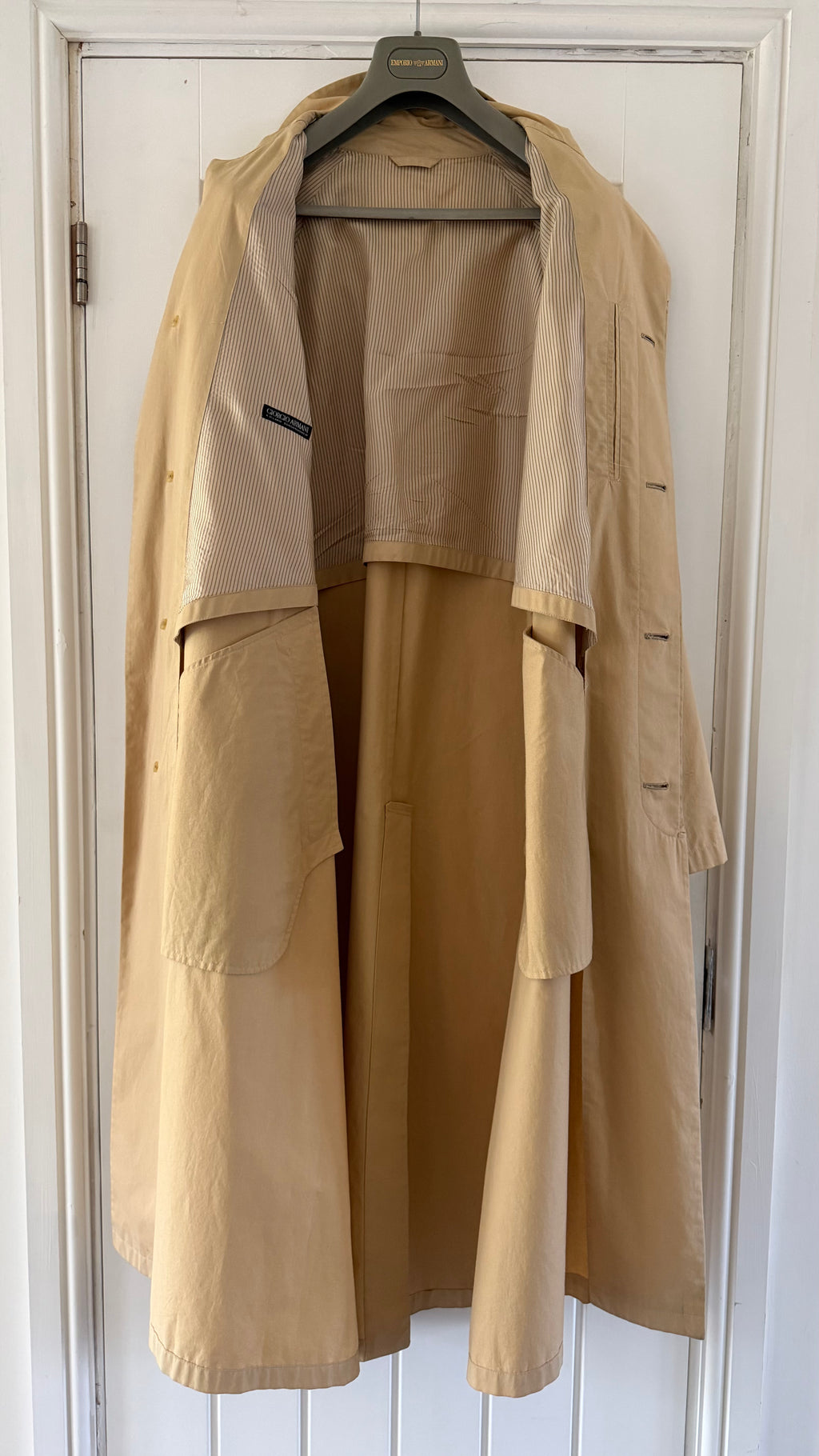 Giorgio Armani Black Label 1990s Long Cotton Belted Trench Coat Taupe Beige - Size L