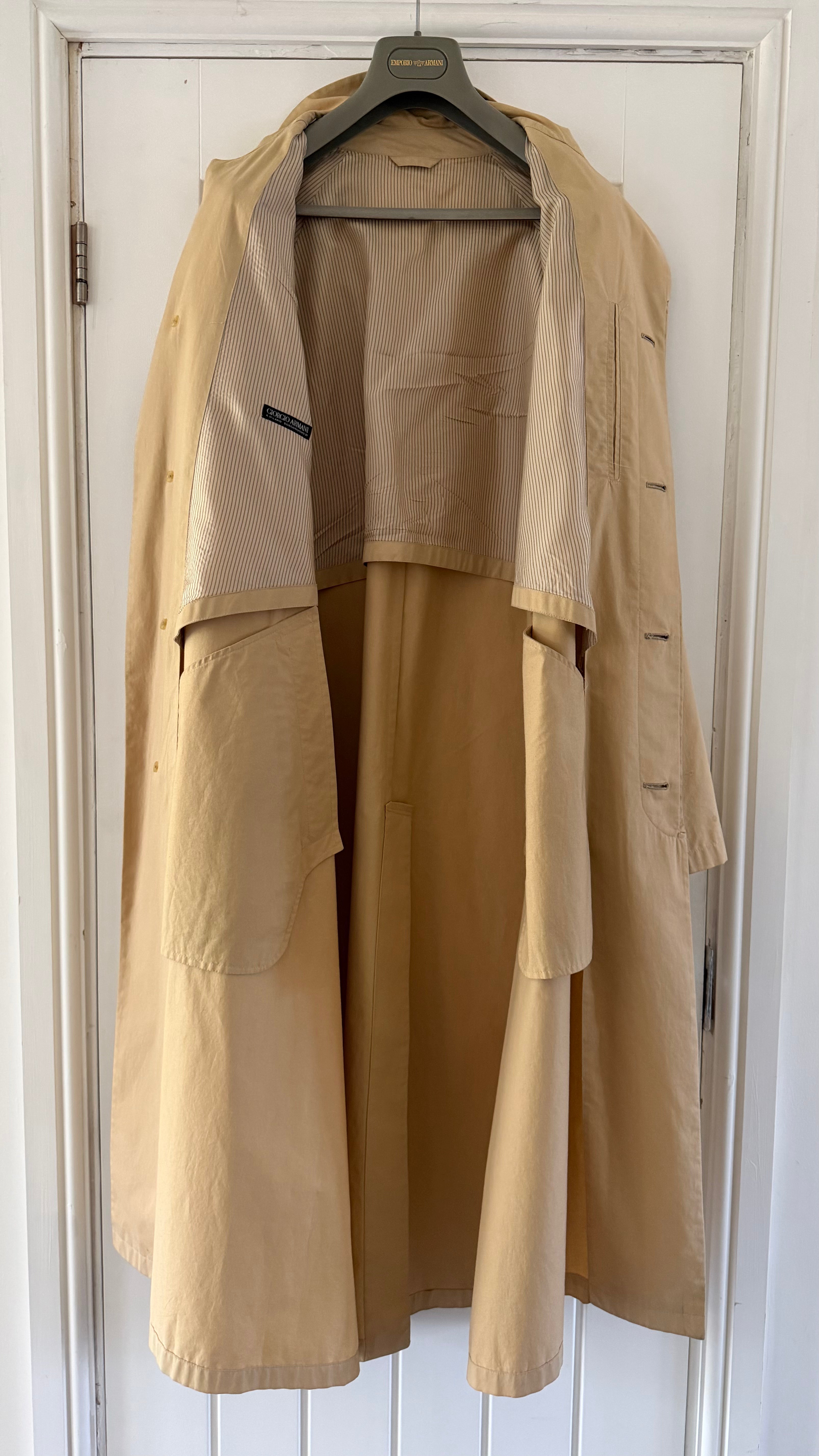 Giorgio Armani Black Label 1990s Long Cotton Belted Trench Coat Taupe Beige - Size L