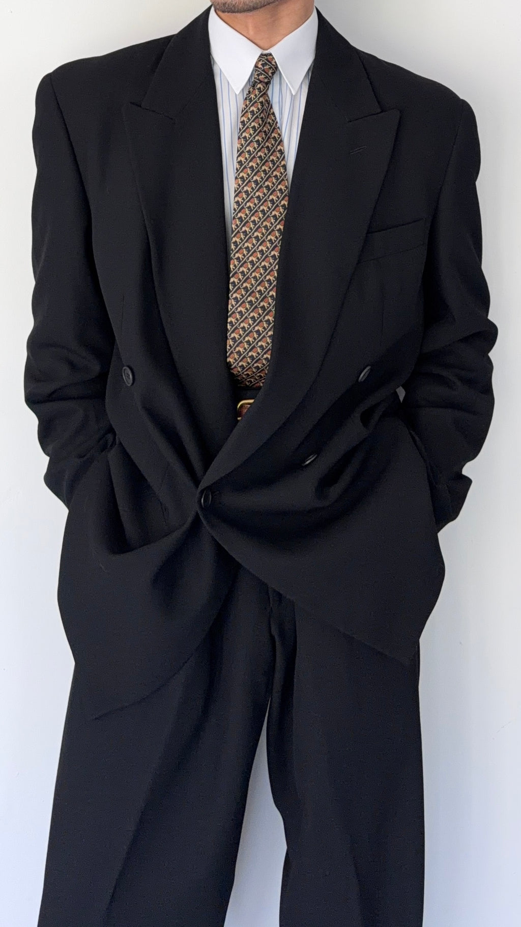 Emporio Armani 1990s Peaked Lapel Double Breasted Pleated Draped Wool Suit Black - Size XL Jacket / 37" Waist
