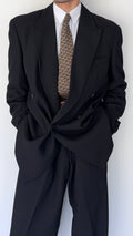 Emporio Armani 1990s Peaked Lapel Double Breasted Pleated Draped Wool Suit Black - Size XL Jacket / 37" Waist