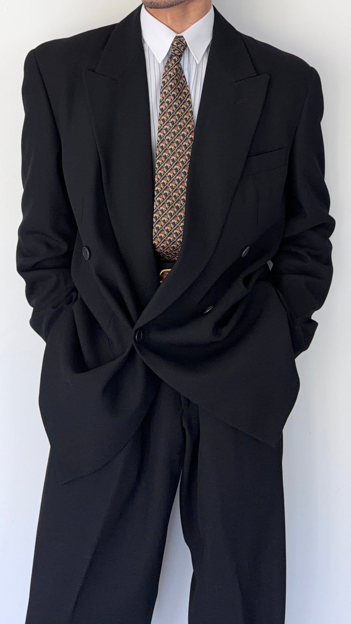 Emporio Armani 1990s Peaked Lapel Double Breasted Pleated Draped Wool Suit Black - Size XL Jacket / 37" Waist