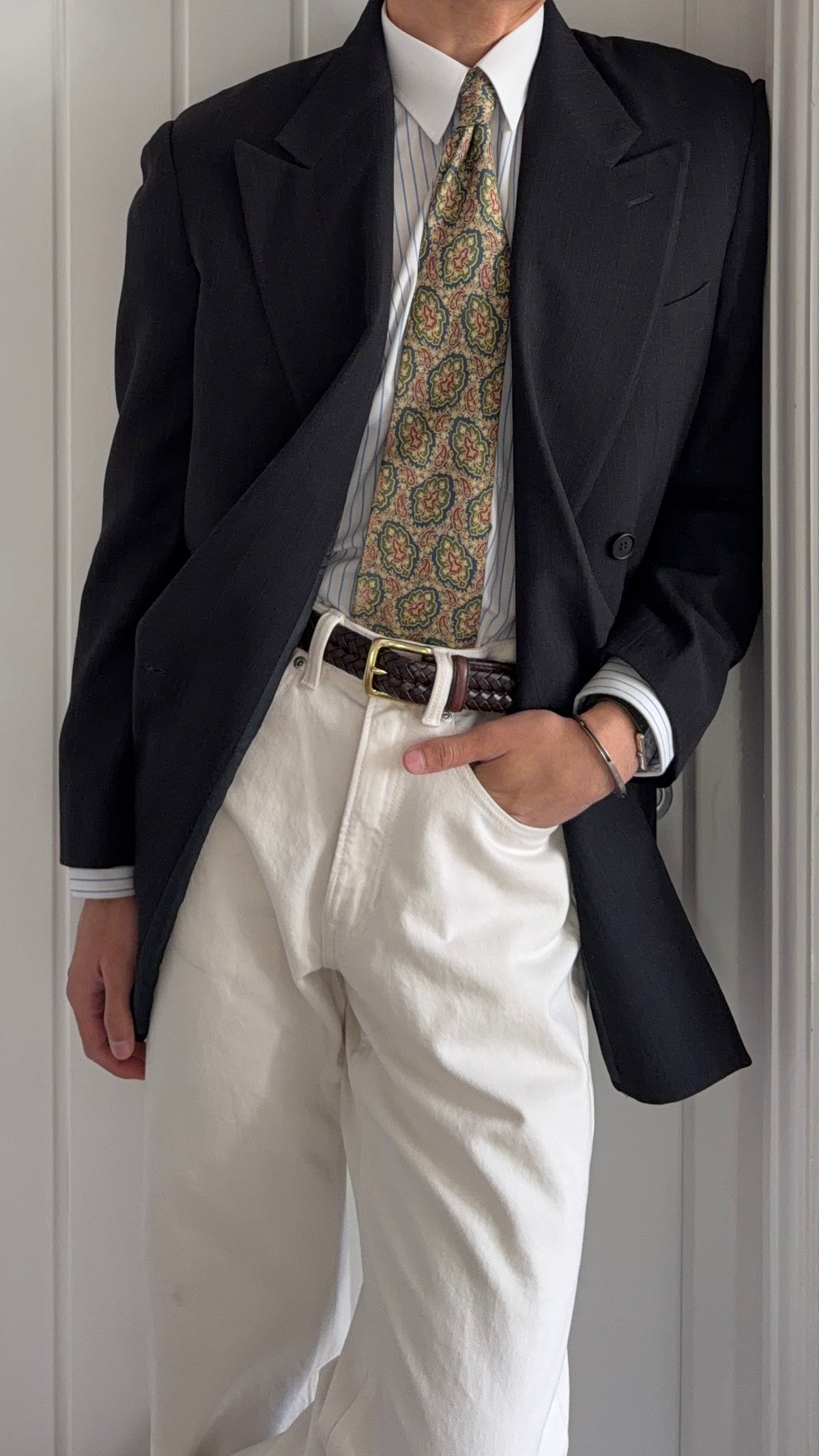 Giorgio Armani 1980s Peaked Lapel Double Breasted Textured Chevron Weave Wool Sport Jacket Blazer - Size M