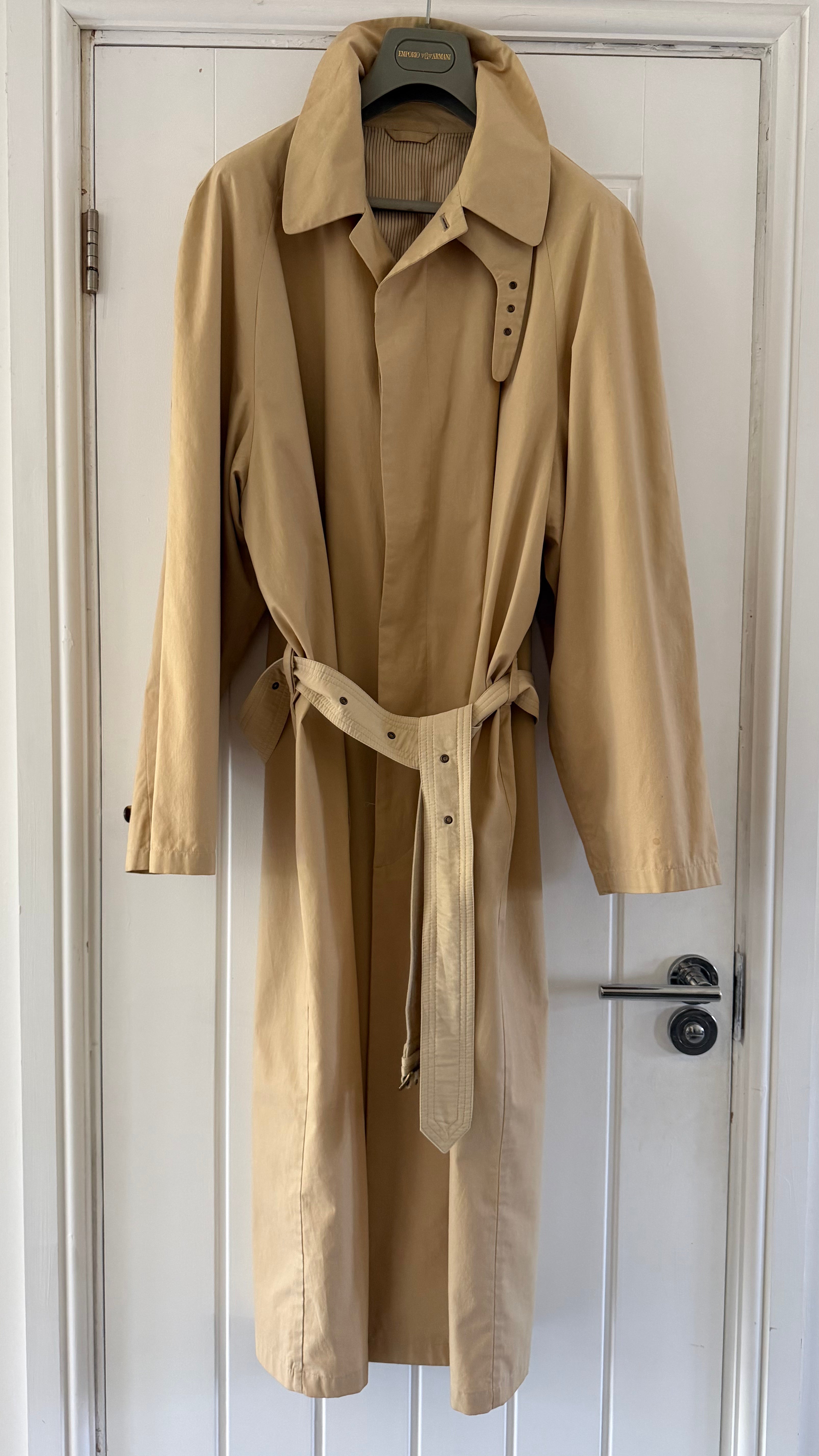 Giorgio Armani Black Label 1990s Long Cotton Belted Trench Coat Taupe Beige - Size L