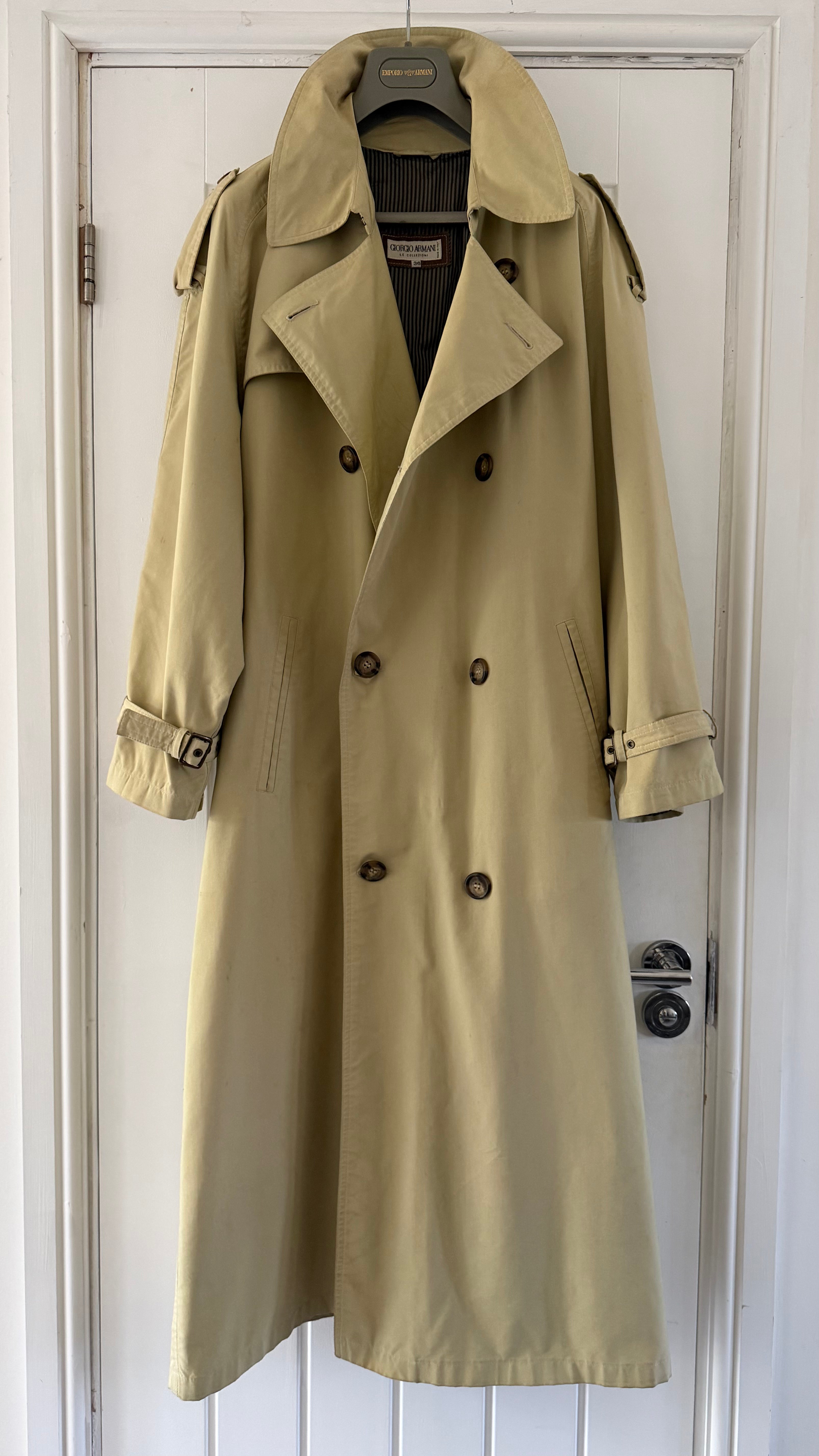 Giorgio Armani 1980s Belted Oversized Long Trench Coat Taupe Beige - Size M