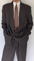 Giorgio Armani 1980s Peaked Lapel Double Breasted Pleated Viscose Wool Suit Espresso Charcoal - Size XL Jacket / 32"