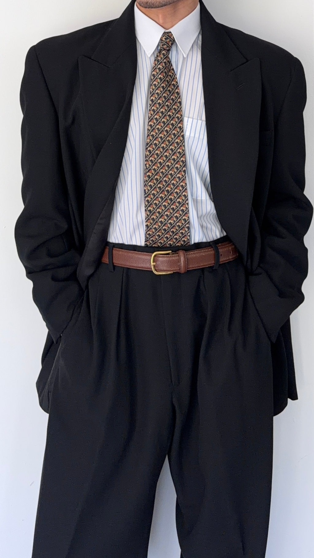 Emporio Armani 1990s Peaked Lapel Double Breasted Pleated Draped Wool Suit Black - Size XL Jacket / 37" Waist