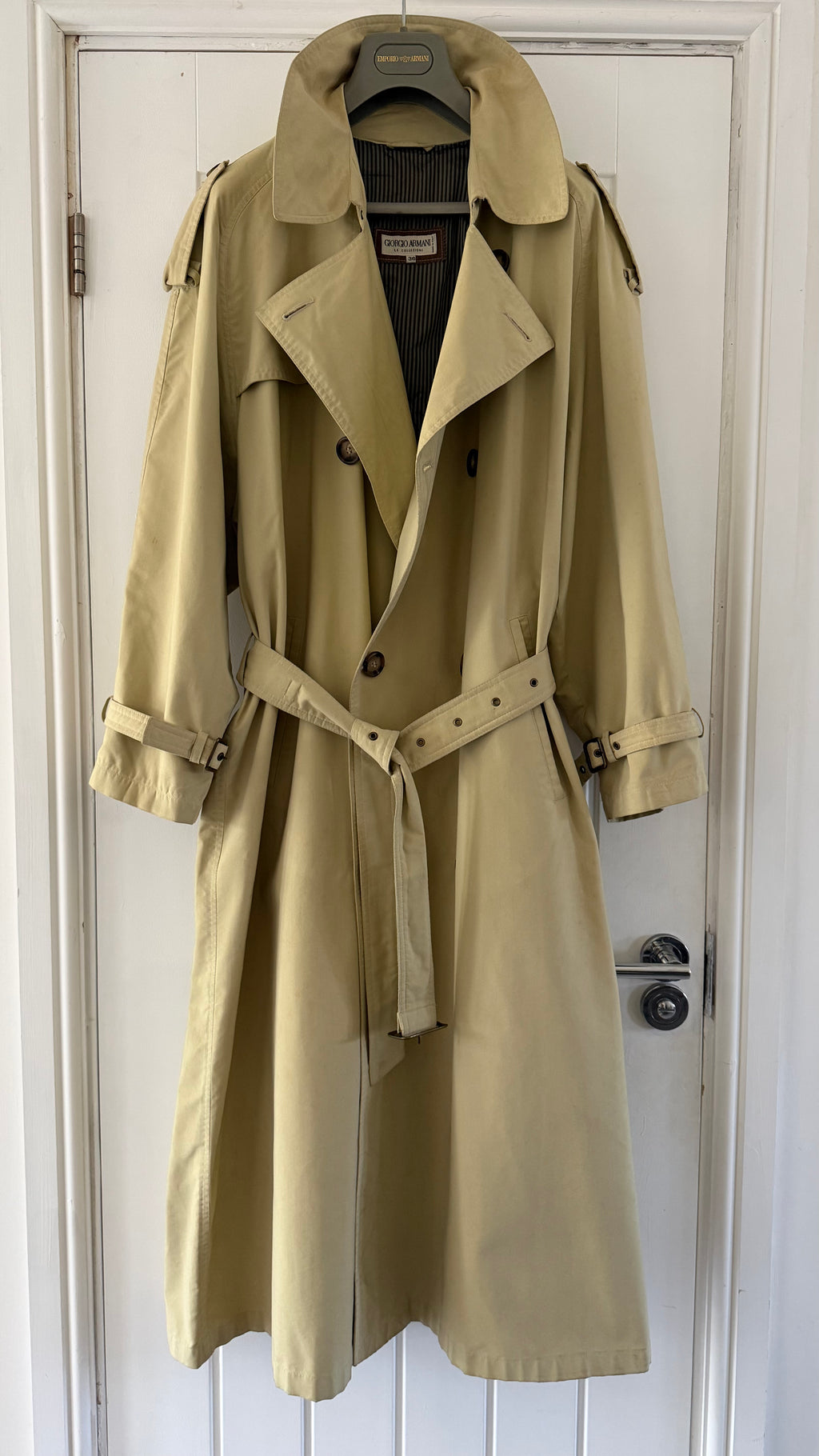 Giorgio Armani 1980s Belted Oversized Long Trench Coat Taupe Beige - Size M