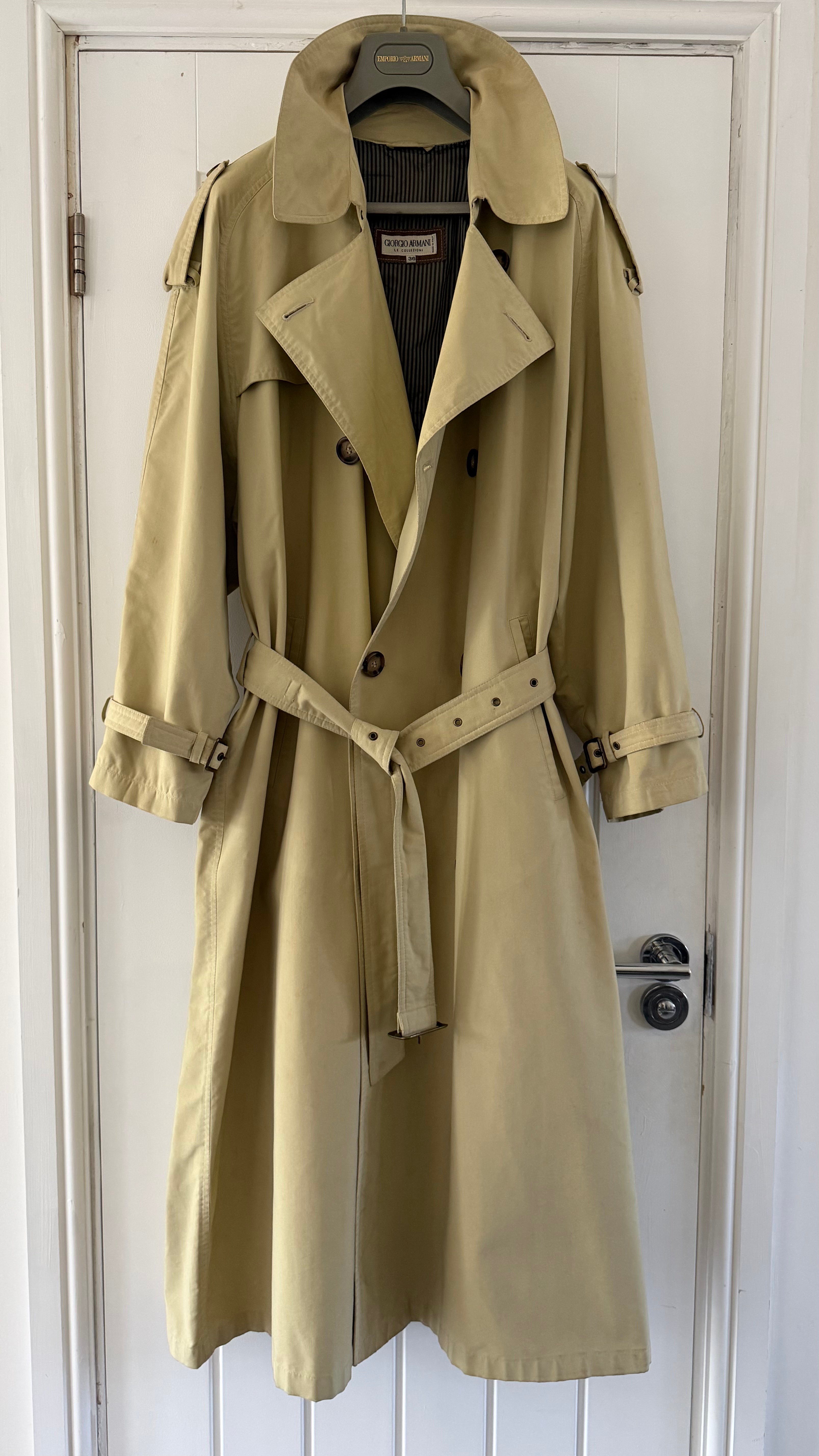Giorgio Armani 1980s Belted Oversized Long Trench Coat Taupe Beige - Size M