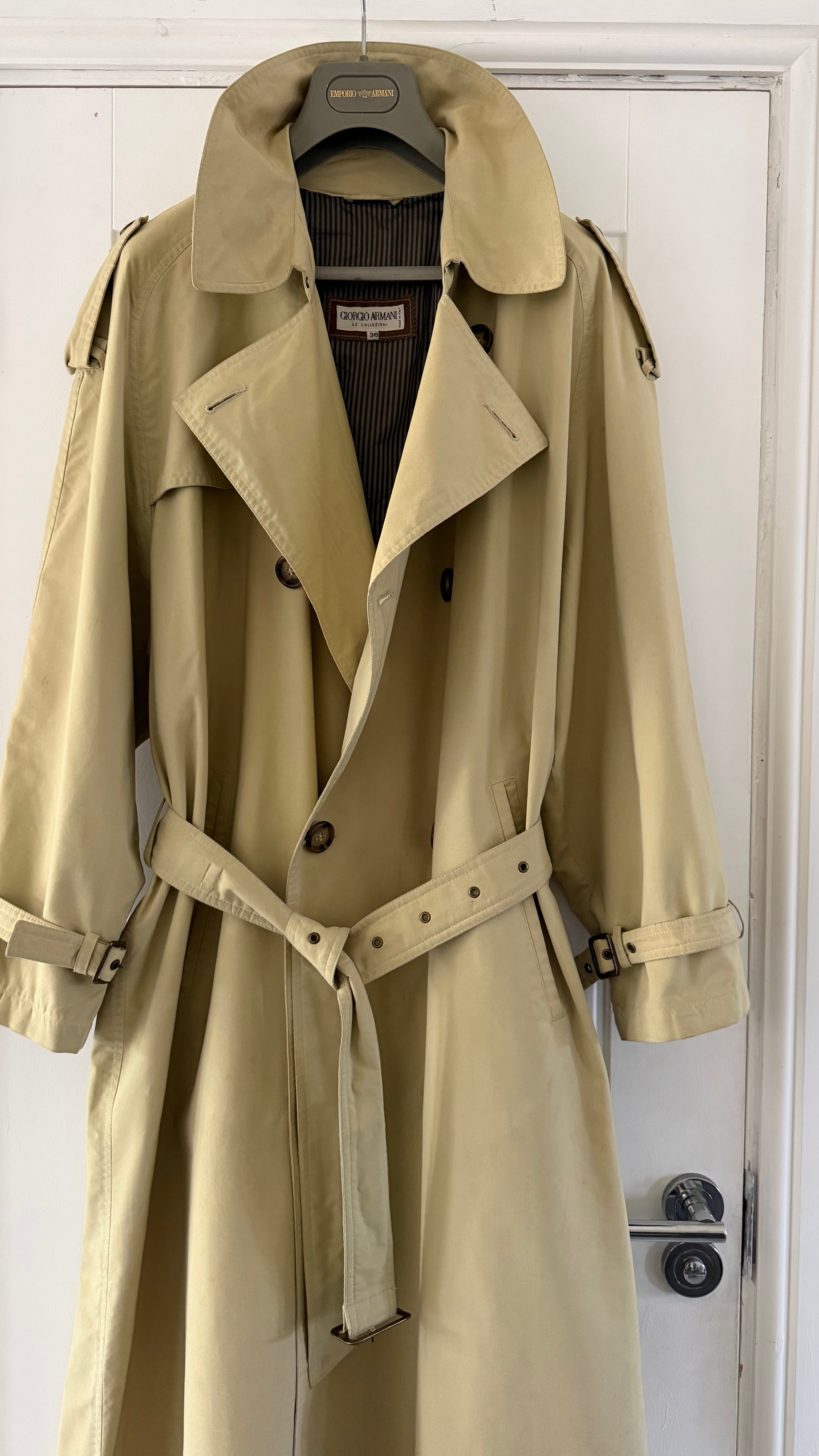 Giorgio Armani 1980s Belted Oversized Long Trench Coat Taupe Beige - Size M