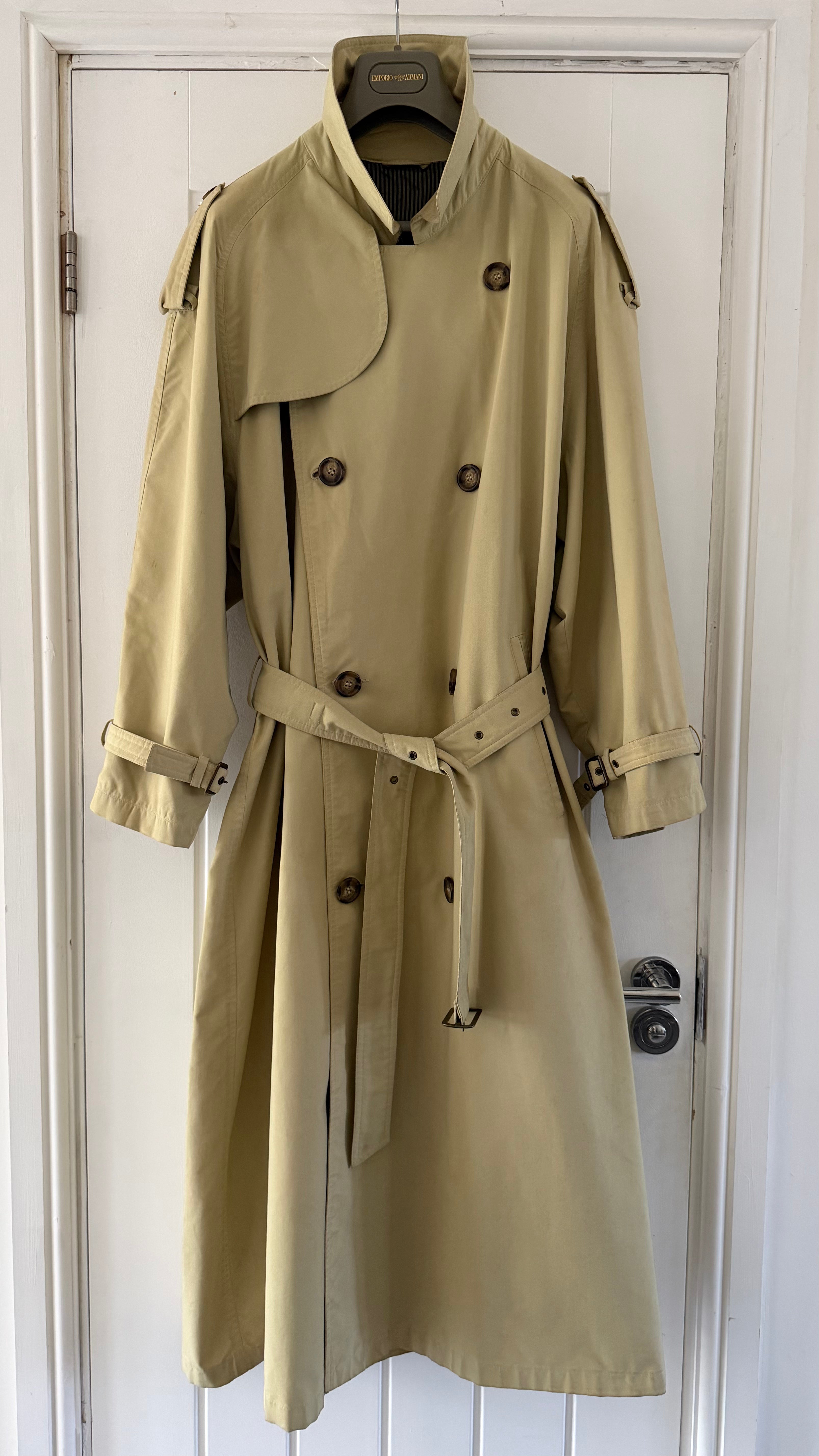 Giorgio Armani 1980s Belted Oversized Long Trench Coat Taupe Beige - Size M