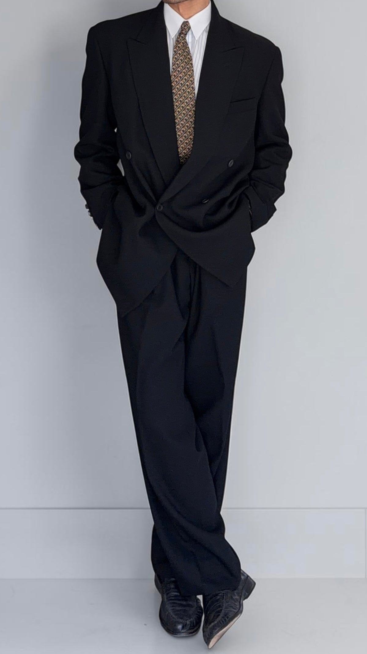 Emporio Armani 1990s Peaked Lapel Double Breasted Pleated Draped Wool Suit Black - Size XL Jacket / 37" Waist